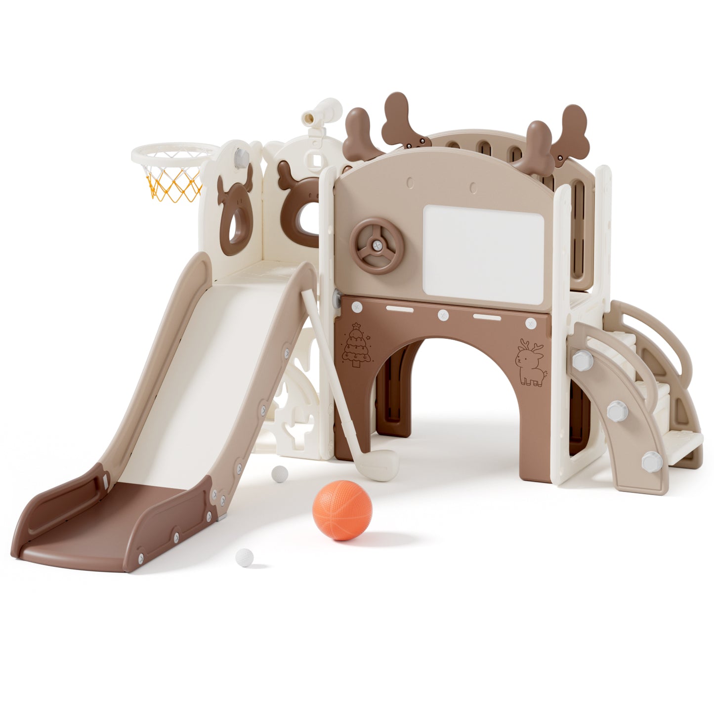 Mloong 11 in 1 Toddler Slide, Kids Slide for Toddlers 1-3 Years Old, Baby Slide Indoor and Outdoor with Basketball Hoop Golf Drawing Set, Slides for Kids Easy Assembly Elk Theme(54.3×62.2×38.9")