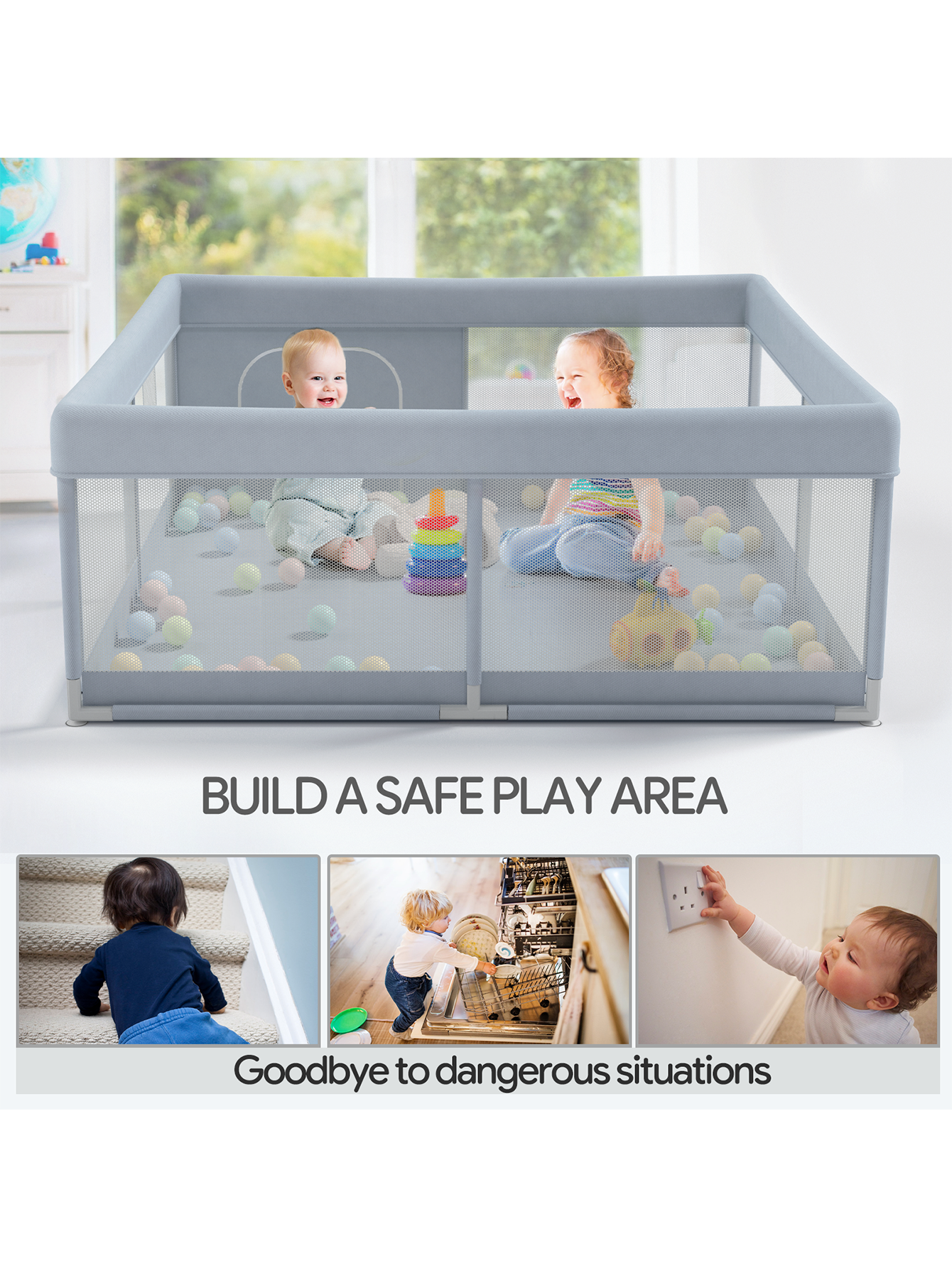 47x47inch Small Baby Play Pen, Grey Baby Playpen, Playpen for Babies and Toddlers