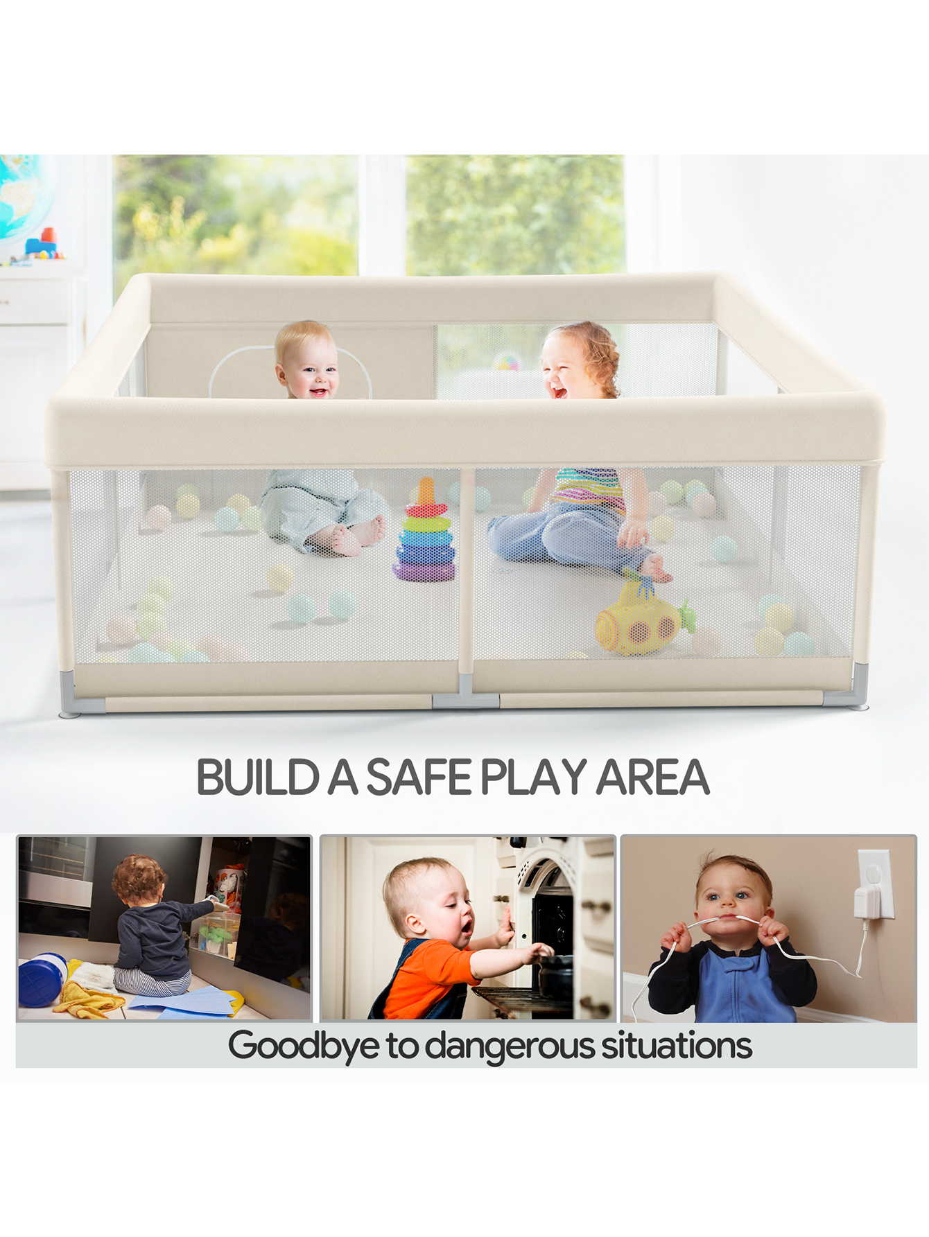 Baby Playpen, Upgrade Playpen, Playpen for Babies (47*47*26inch Beige), Play Pen Center for Babies and Toddlers