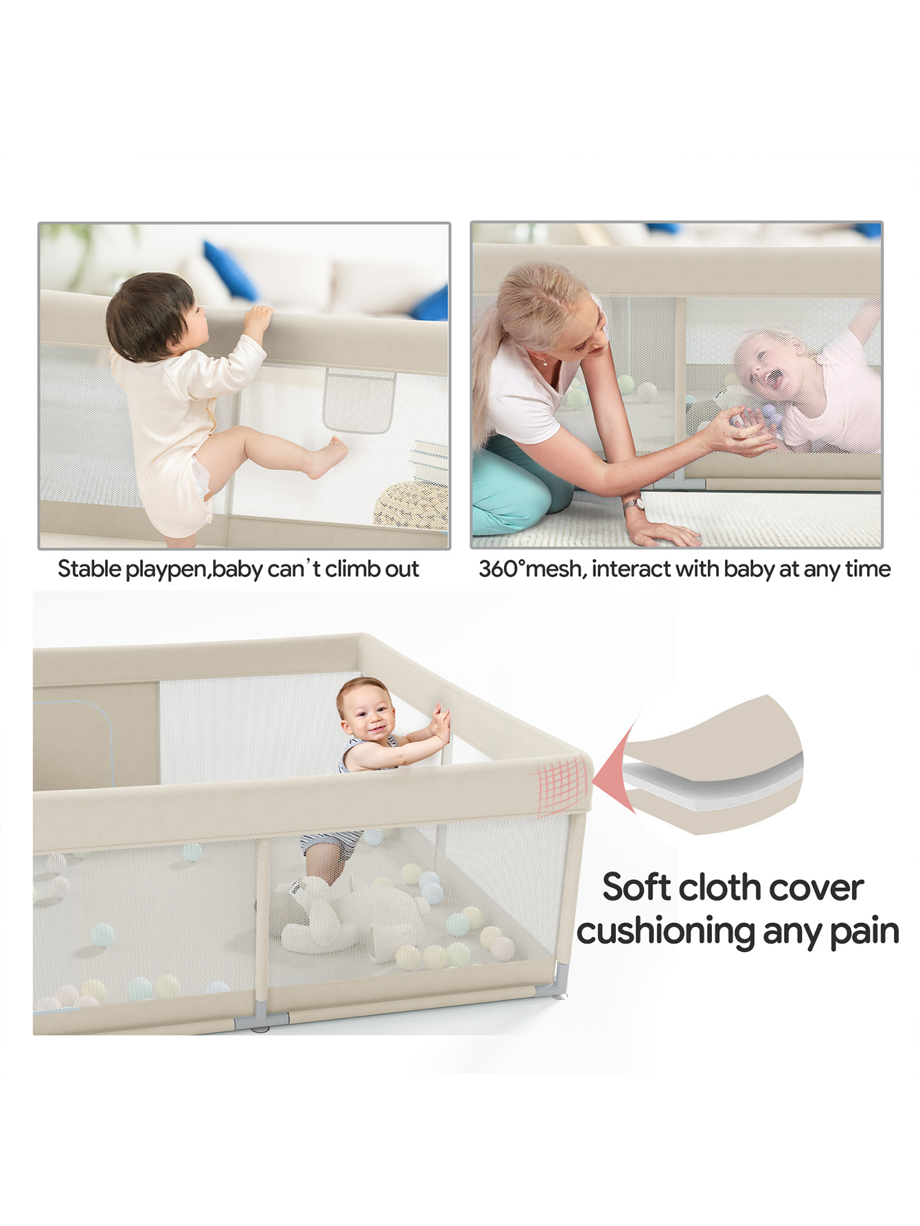 Baby Playpen, Upgrade Playpen, Playpen for Babies (47*47*26inch Beige), Play Pen Center for Babies and Toddlers
