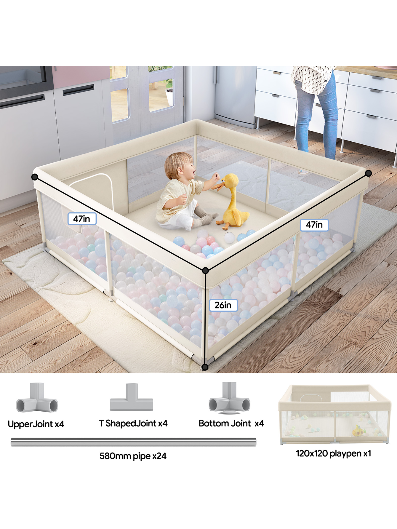 Baby Playpen, Upgrade Playpen, Playpen for Babies (47*47*26inch Beige), Play Pen Center for Babies and Toddlers