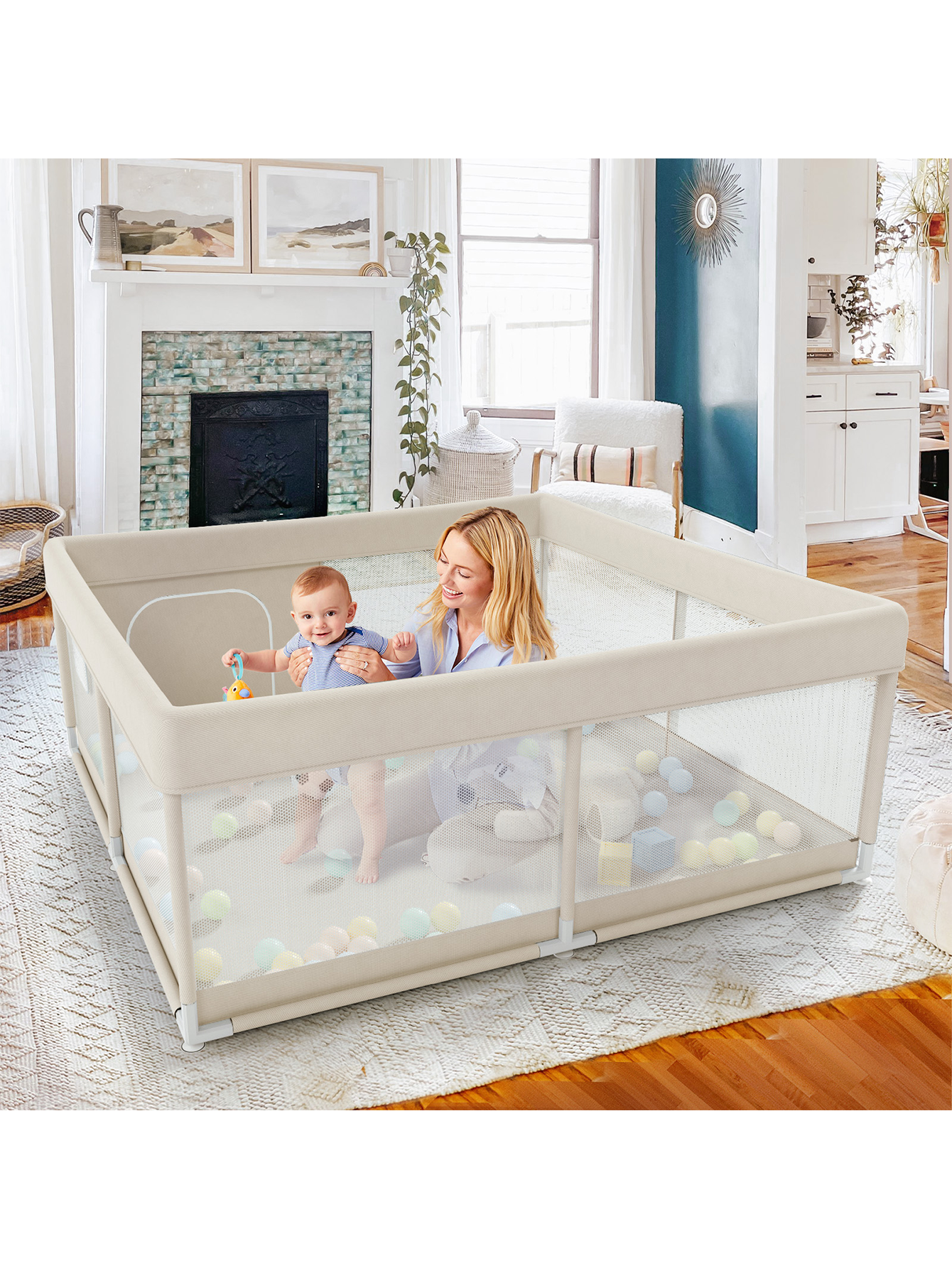 Baby Playpen, Upgrade Playpen, Playpen for Babies (47*47*26inch Beige), Play Pen Center for Babies and Toddlers