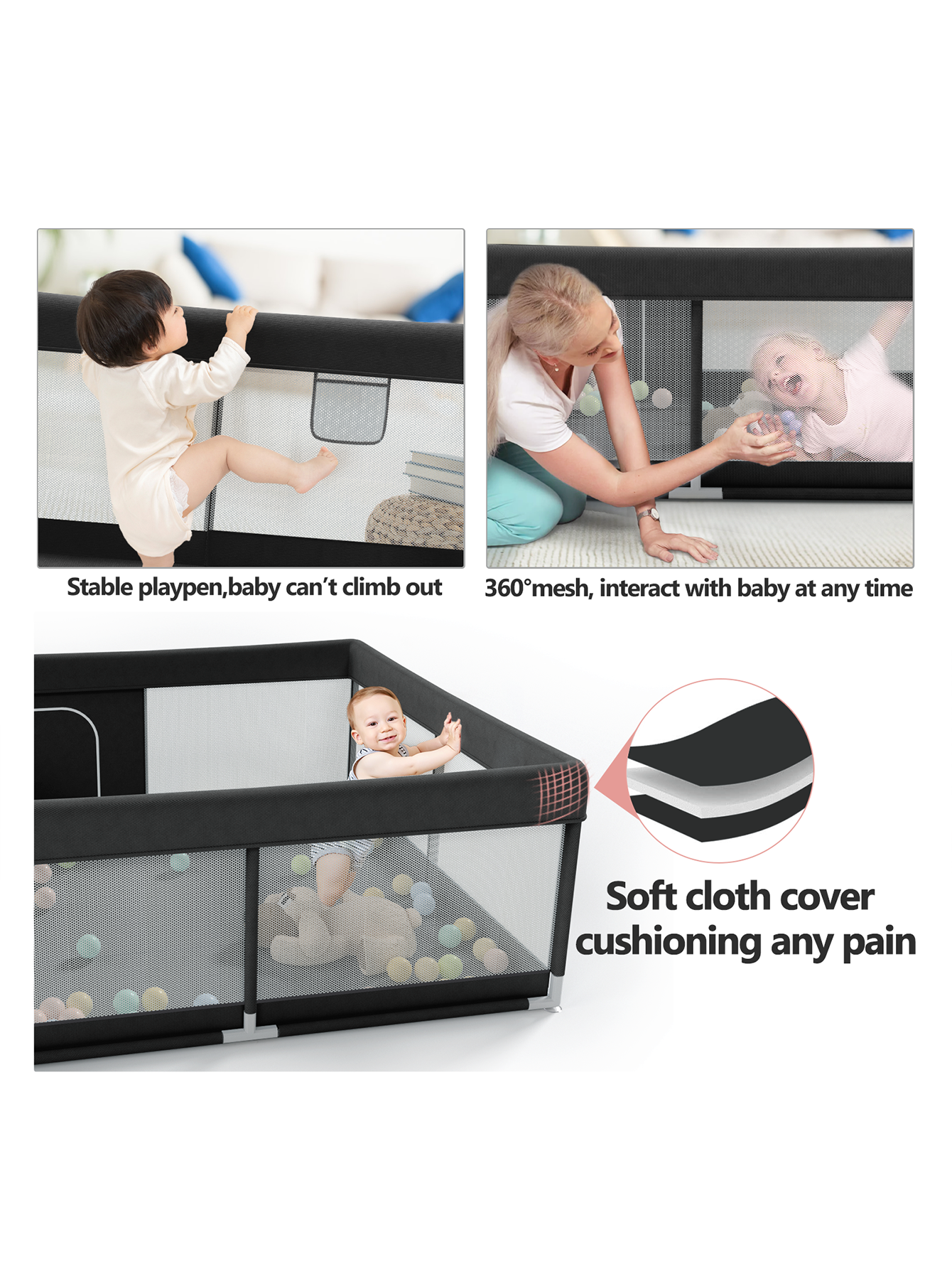 47x47inch Baby Playpen with Mat, Small Baby Play Pen) Baby Pen for Apartment, Black Play Yard for Baby, Baby Fence Play Area Playyard