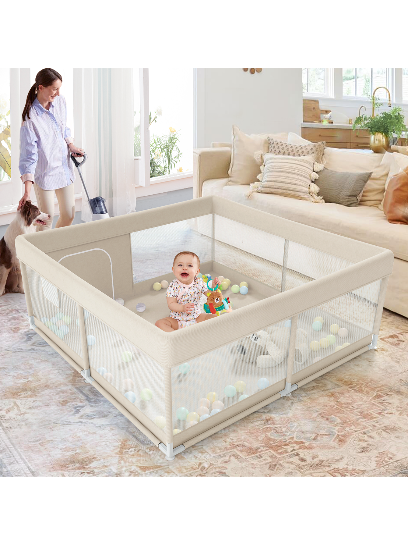 Baby Playpen, Upgrade Playpen, Playpen for Babies (47*47*26inch Beige), Play Pen Center for Babies and Toddlers
