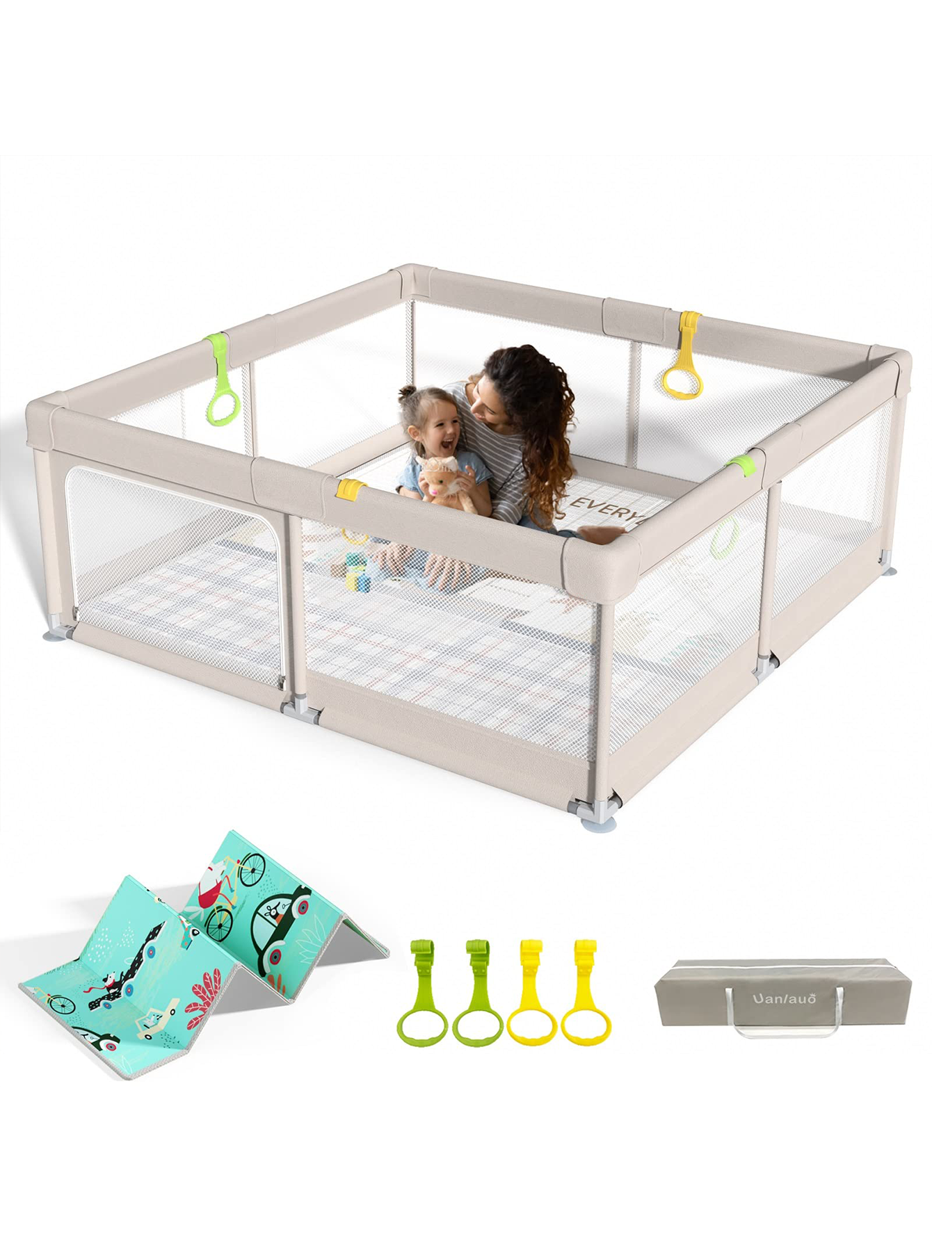 Playpen with Mat, 59x59x27inch Grey Baby Playpen for Babies and Toddlers, Extra Large Baby Playpen with Mat
