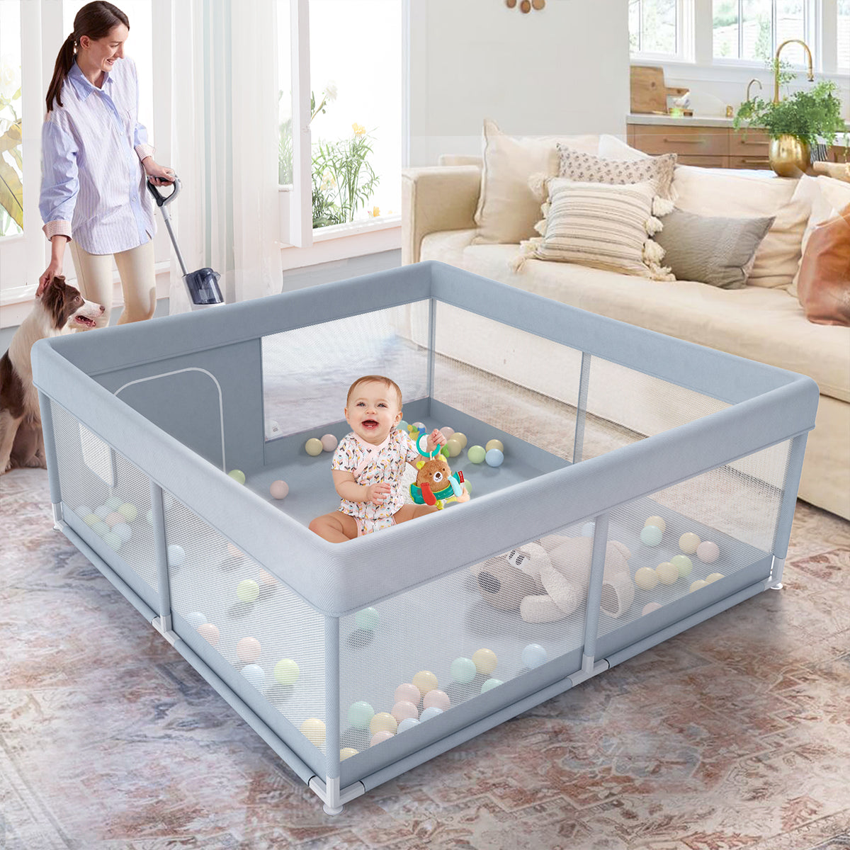 47x47inch Small Baby Play Pen, Grey Baby Playpen, Playpen for Babies and Toddlers