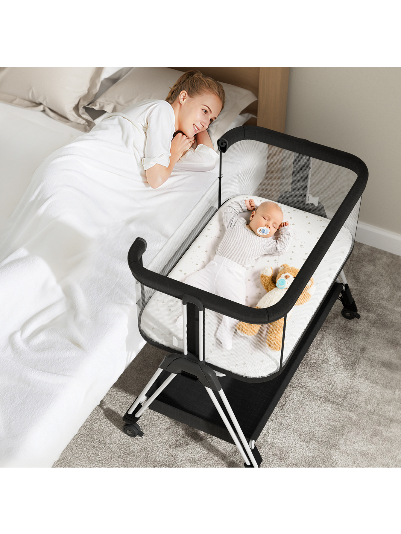 Black Baby Bassinet Bedside Sleeper Bedside Crib with Wheels