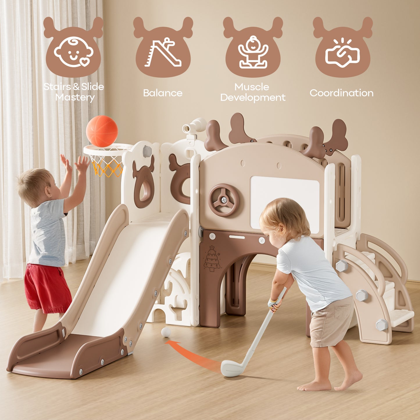Mloong 11 in 1 Toddler Slide, Kids Slide for Toddlers 1-3 Years Old, Baby Slide Indoor and Outdoor with Basketball Hoop Golf Drawing Set, Slides for Kids Easy Assembly Elk Theme(54.3×62.2×38.9")
