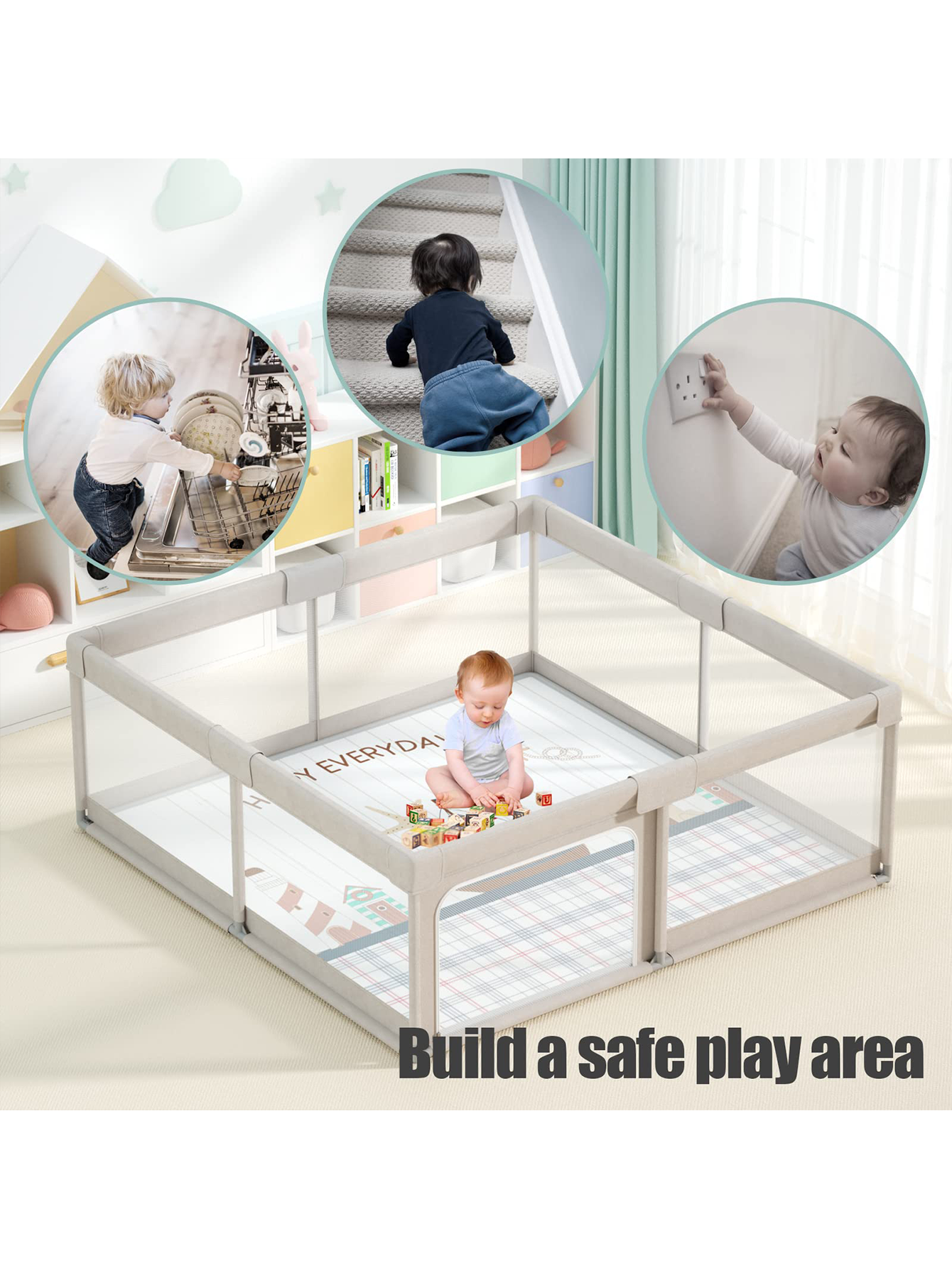 Playpen with Mat, 59x59x27inch Grey Baby Playpen for Babies and Toddlers, Extra Large Baby Playpen with Mat