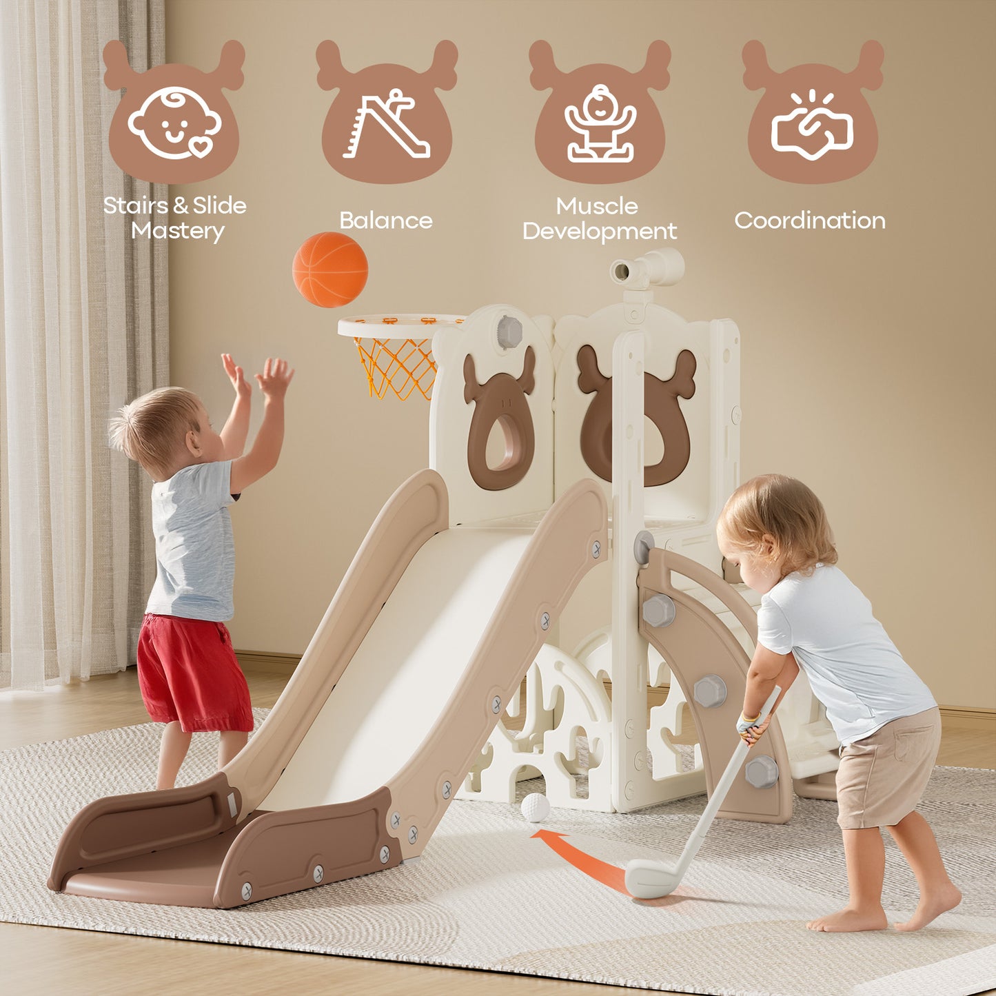 7 in 1 Toddler Slide, Kids Slide for Toddlers 1-3 Years Old, Baby Slide Indoor and Outdoor with Basketball Hoop Upgraded Golf, Plastic Slides for Kids Easy Assembly Elk Theme(27.5×62.2×38.9")