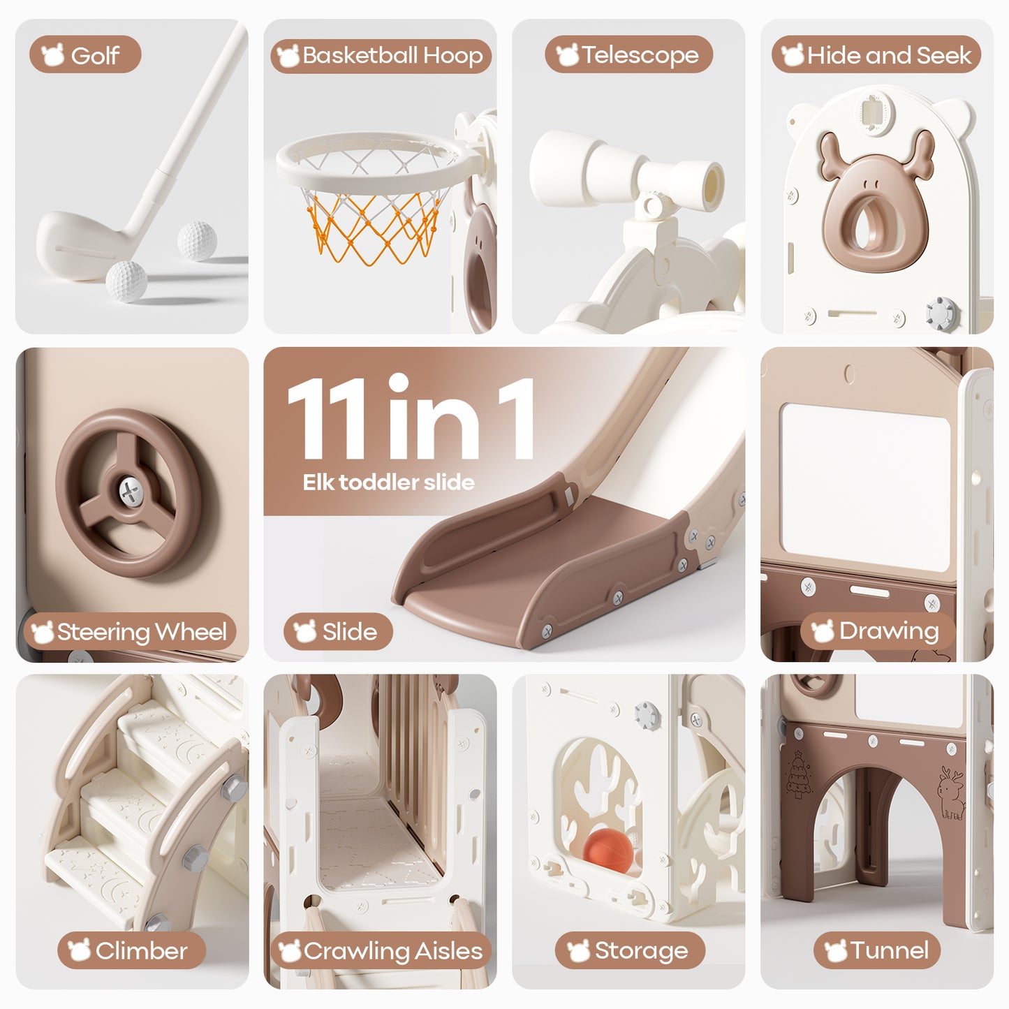 Mloong 11 in 1 Toddler Slide, Kids Slide for Toddlers 1-3 Years Old, Baby Slide Indoor and Outdoor with Basketball Hoop Golf Drawing Set, Slides for Kids Easy Assembly Elk Theme(54.3×62.2×38.9")