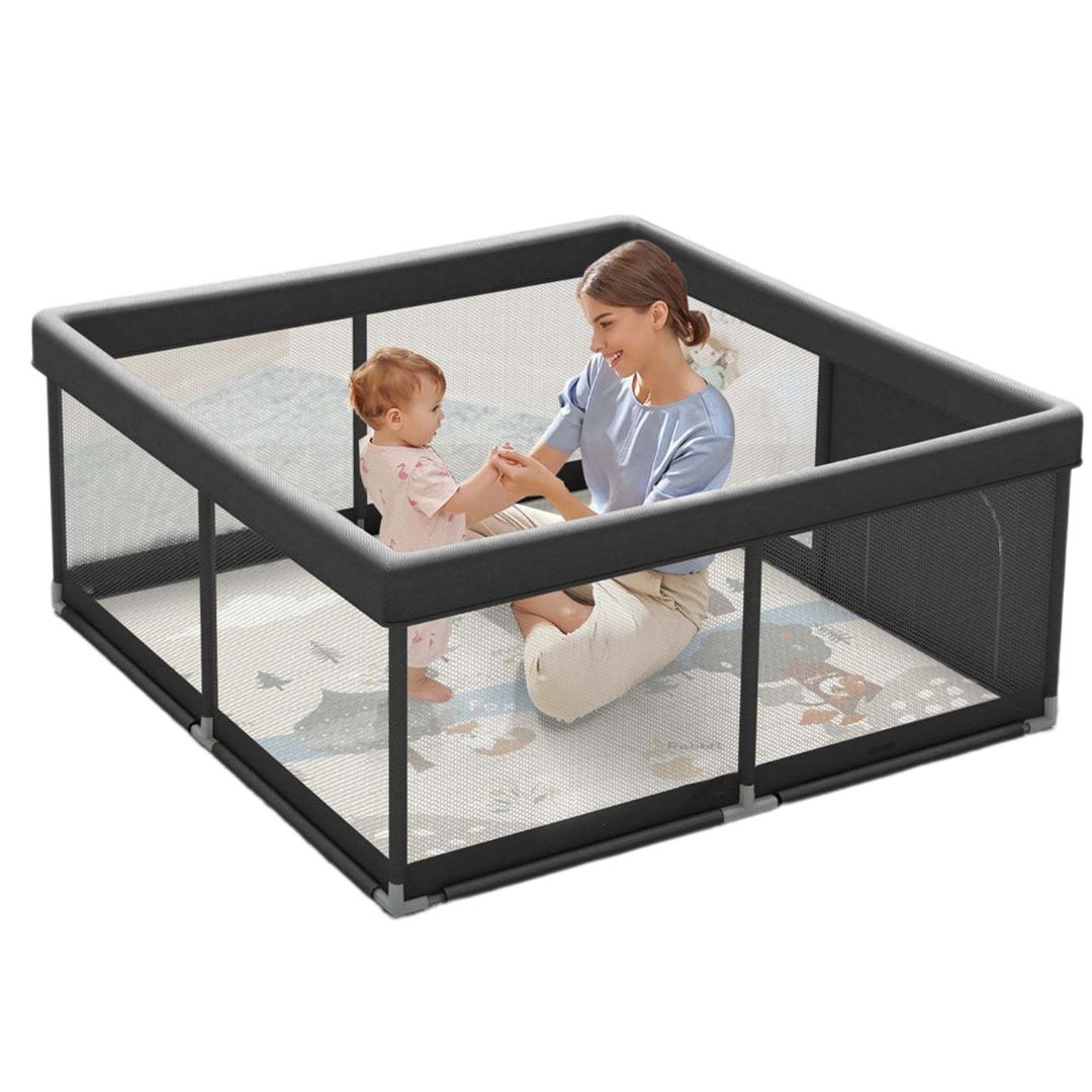 47x47inch Baby Playpen with Mat, Small Baby Play Pen) Baby Pen for Apartment, Black Play Yard for Baby, Baby Fence Play Area Playyard