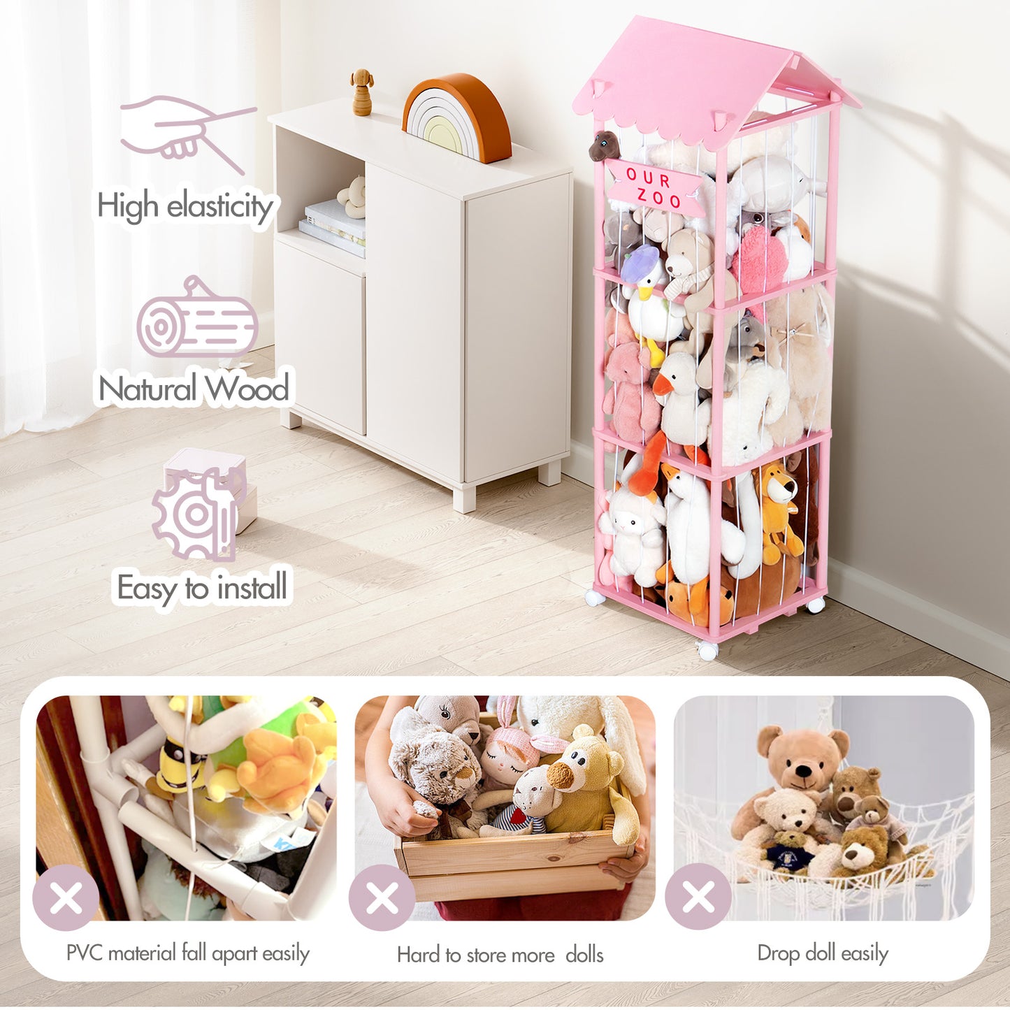 Stuffed Animal Zoo Stuffed Animal Storage Wood Soft Toy Organizer Nursery Room large Plush Toy Cage for Stuffed Animal Holder with Zoo Pattern Gift for Nursery Playroom Kidroom bedroom