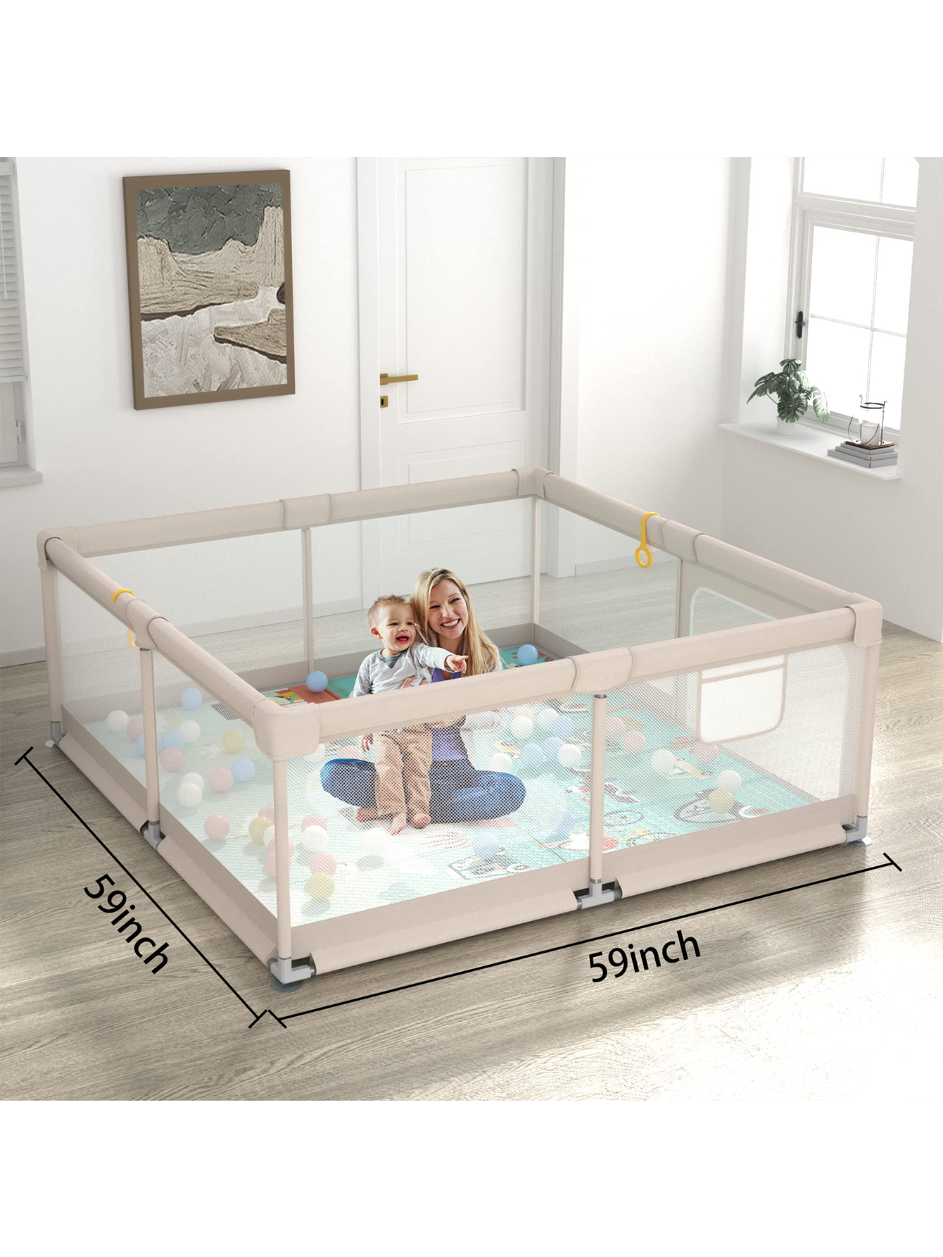 Playpen with Mat, 59x59x27inch Grey Baby Playpen for Babies and Toddlers, Extra Large Baby Playpen with Mat