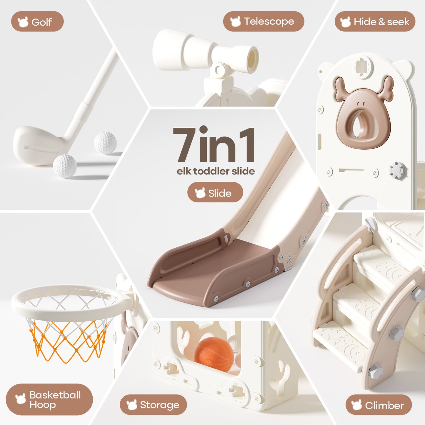 7 in 1 Toddler Slide, Kids Slide for Toddlers 1-3 Years Old, Baby Slide Indoor and Outdoor with Basketball Hoop Upgraded Golf, Plastic Slides for Kids Easy Assembly Elk Theme(27.5×62.2×38.9")