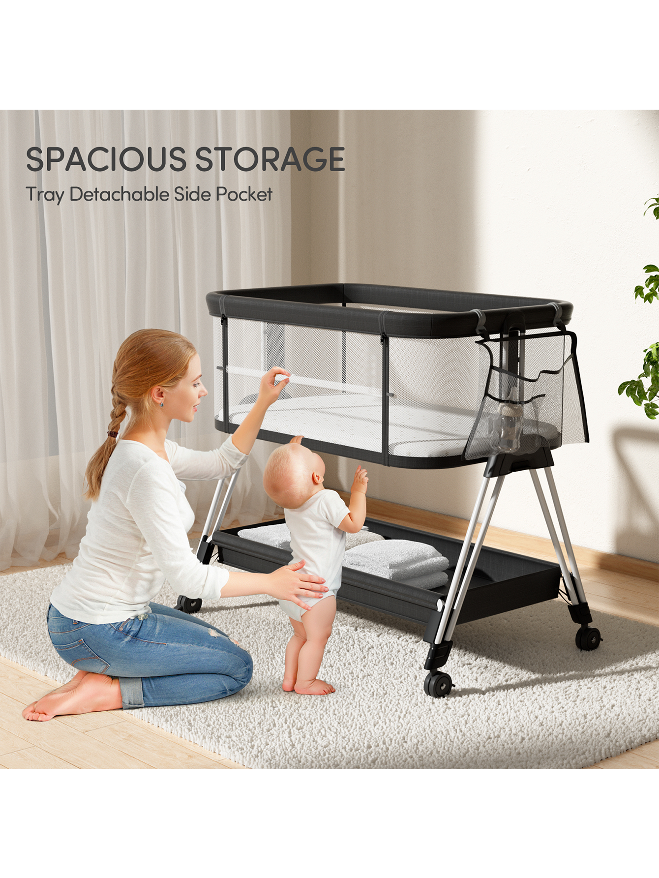 Black Baby Bassinet Bedside Sleeper Bedside Crib with Wheels