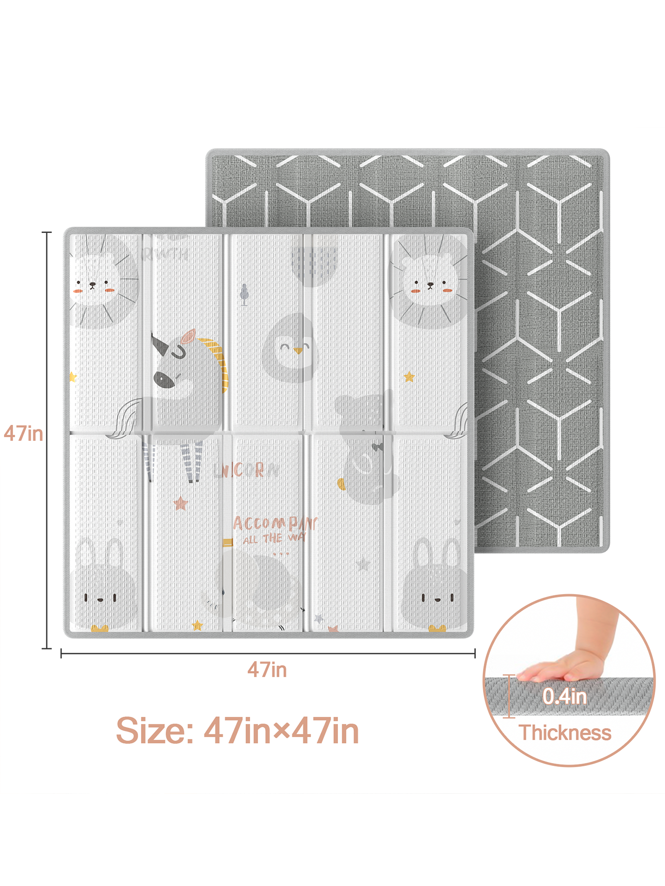 47"x47" Unicorns Play Mat, Foldable & Reversable Large Play Mat, 0.4" Thick Baby Activity