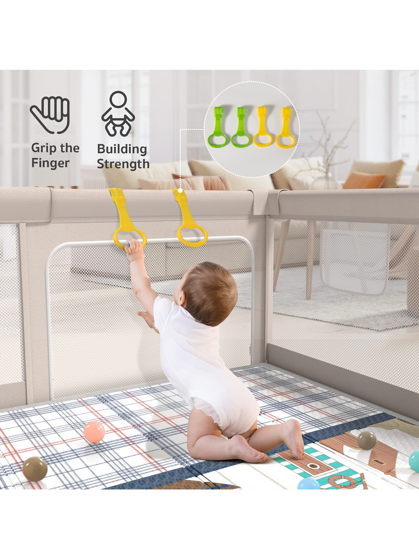 Playpen with Mat, 59x59x27inch Grey Baby Playpen for Babies and Toddlers, Extra Large Baby Playpen with Mat