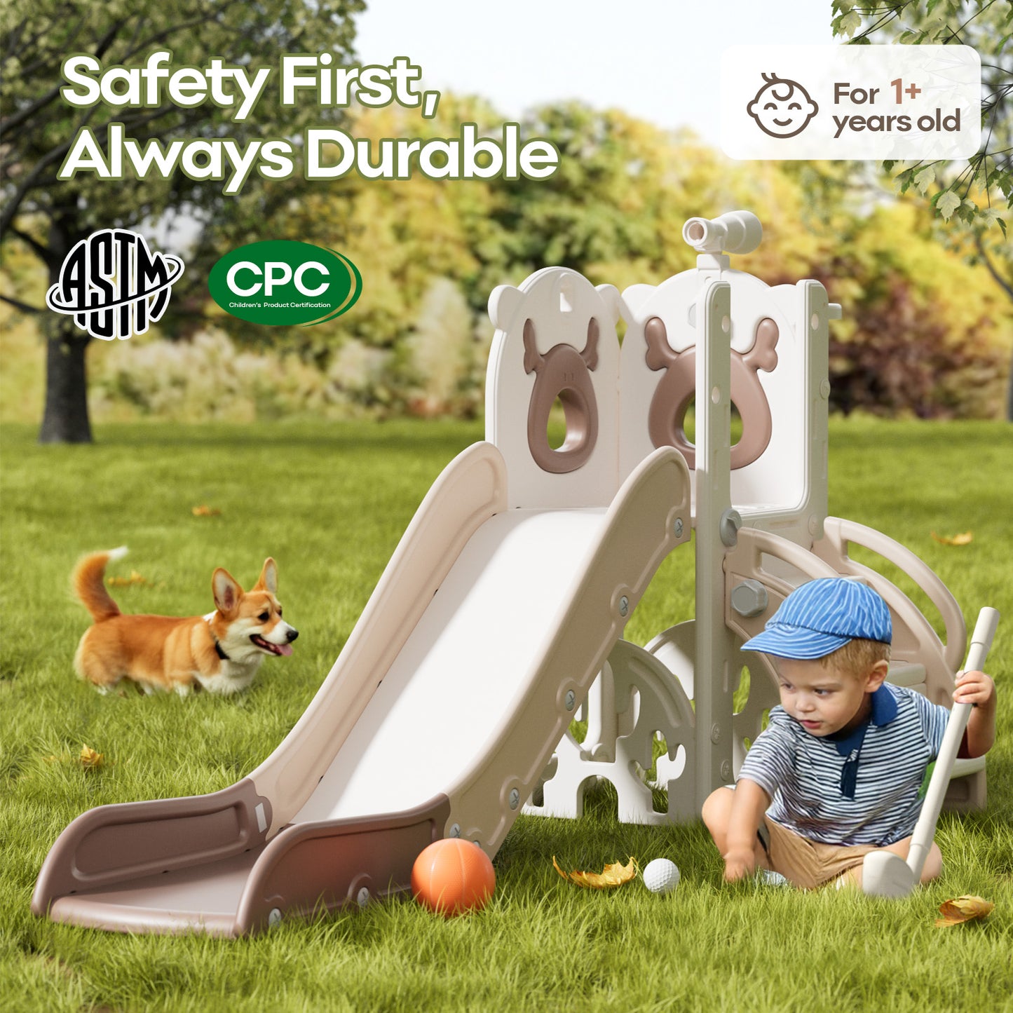 7 in 1 Toddler Slide, Kids Slide for Toddlers 1-3 Years Old, Baby Slide Indoor and Outdoor with Basketball Hoop Upgraded Golf, Plastic Slides for Kids Easy Assembly Elk Theme(27.5×62.2×38.9")