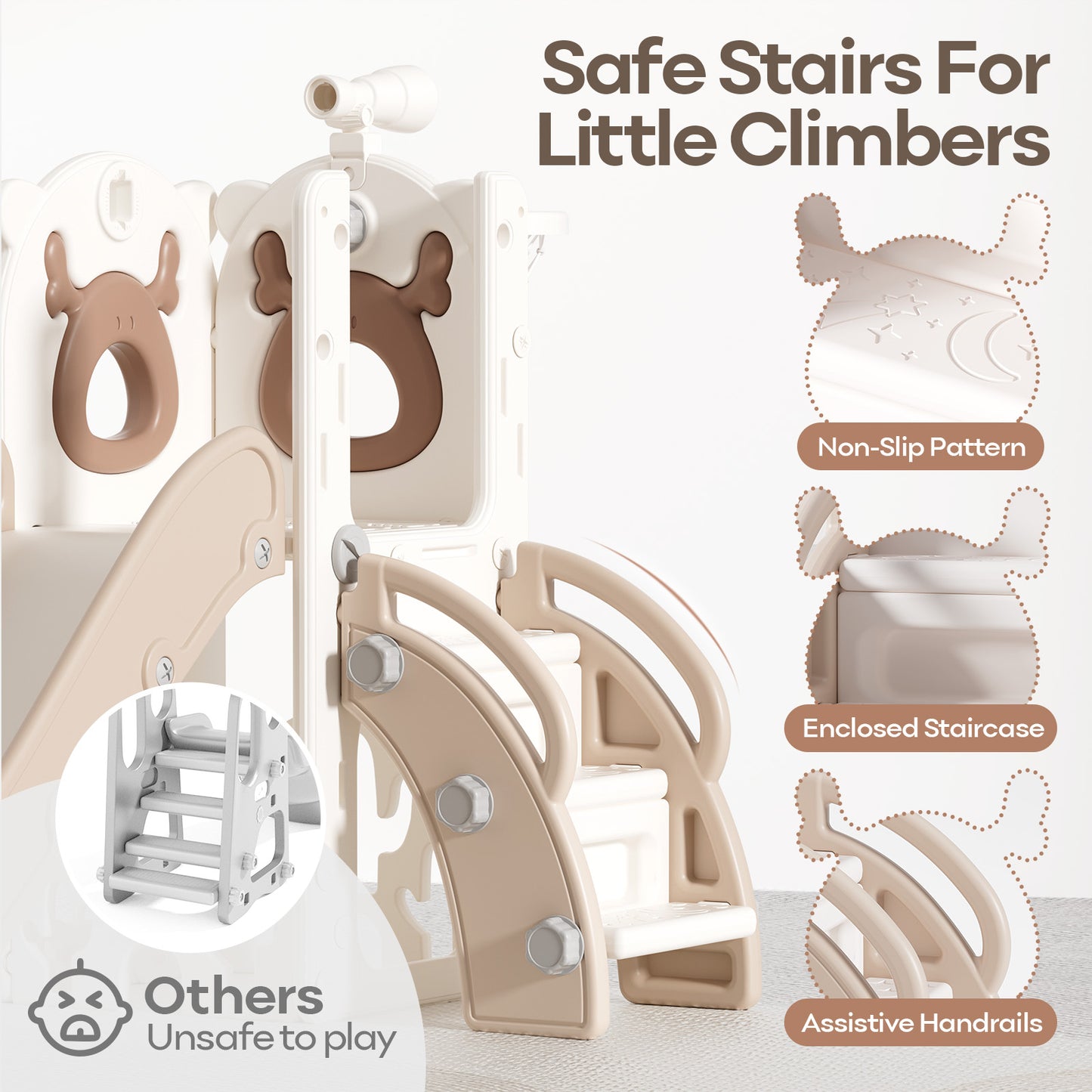 7 in 1 Toddler Slide, Kids Slide for Toddlers 1-3 Years Old, Baby Slide Indoor and Outdoor with Basketball Hoop Upgraded Golf, Plastic Slides for Kids Easy Assembly Elk Theme(27.5×62.2×38.9")