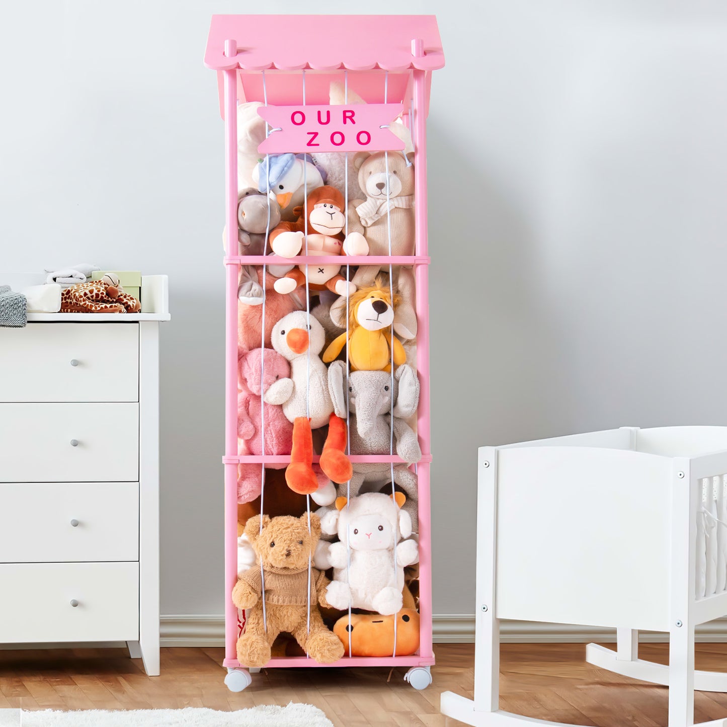 Stuffed Animal Zoo Stuffed Animal Storage Wood Soft Toy Organizer Nursery Room large Plush Toy Cage for Stuffed Animal Holder with Zoo Pattern Gift for Nursery Playroom Kidroom bedroom