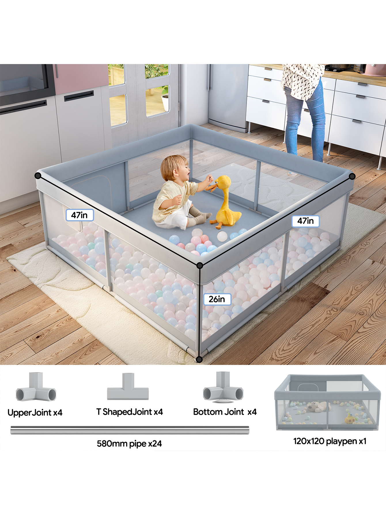 47x47inch Small Baby Play Pen, Grey Baby Playpen, Playpen for Babies and Toddlers