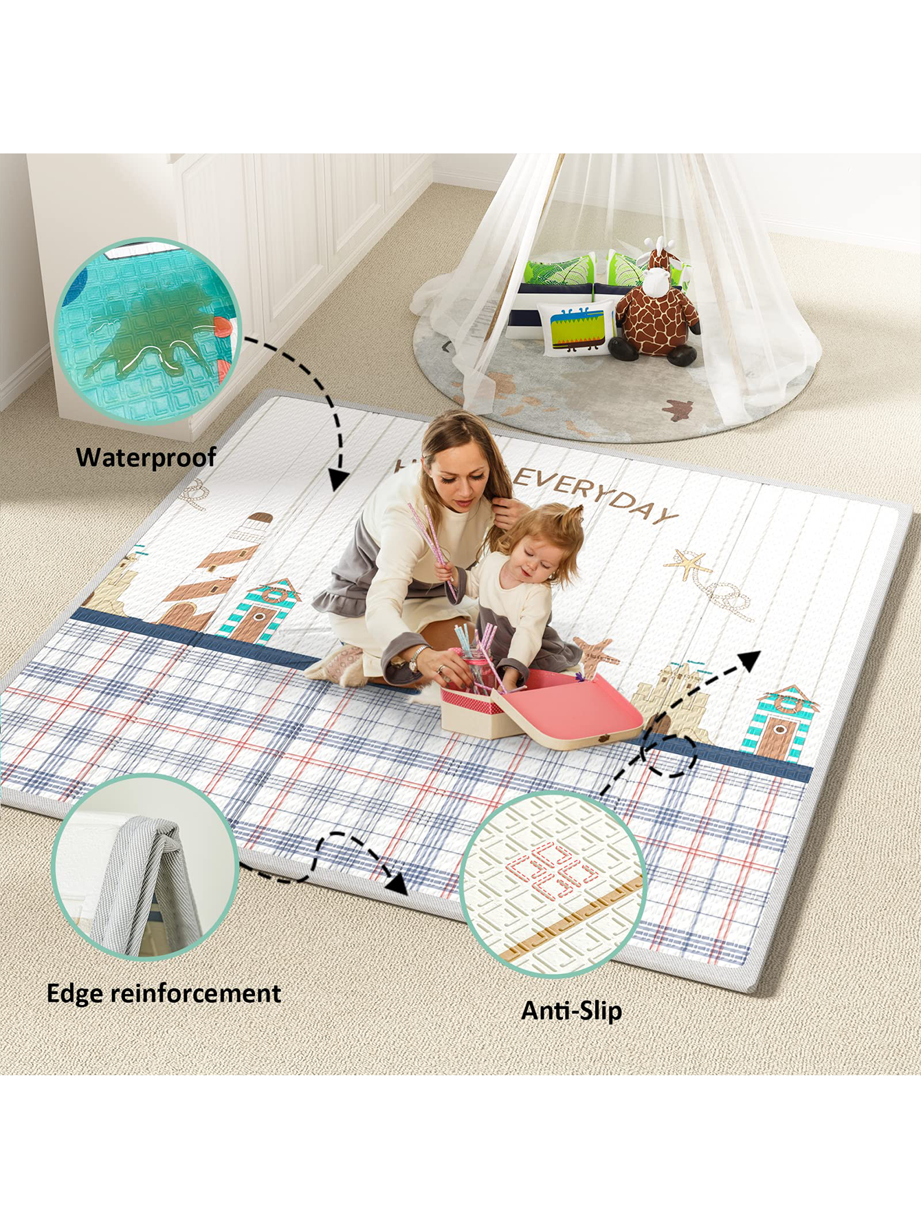 Playpen with Mat, 59x59x27inch Grey Baby Playpen for Babies and Toddlers, Extra Large Baby Playpen with Mat