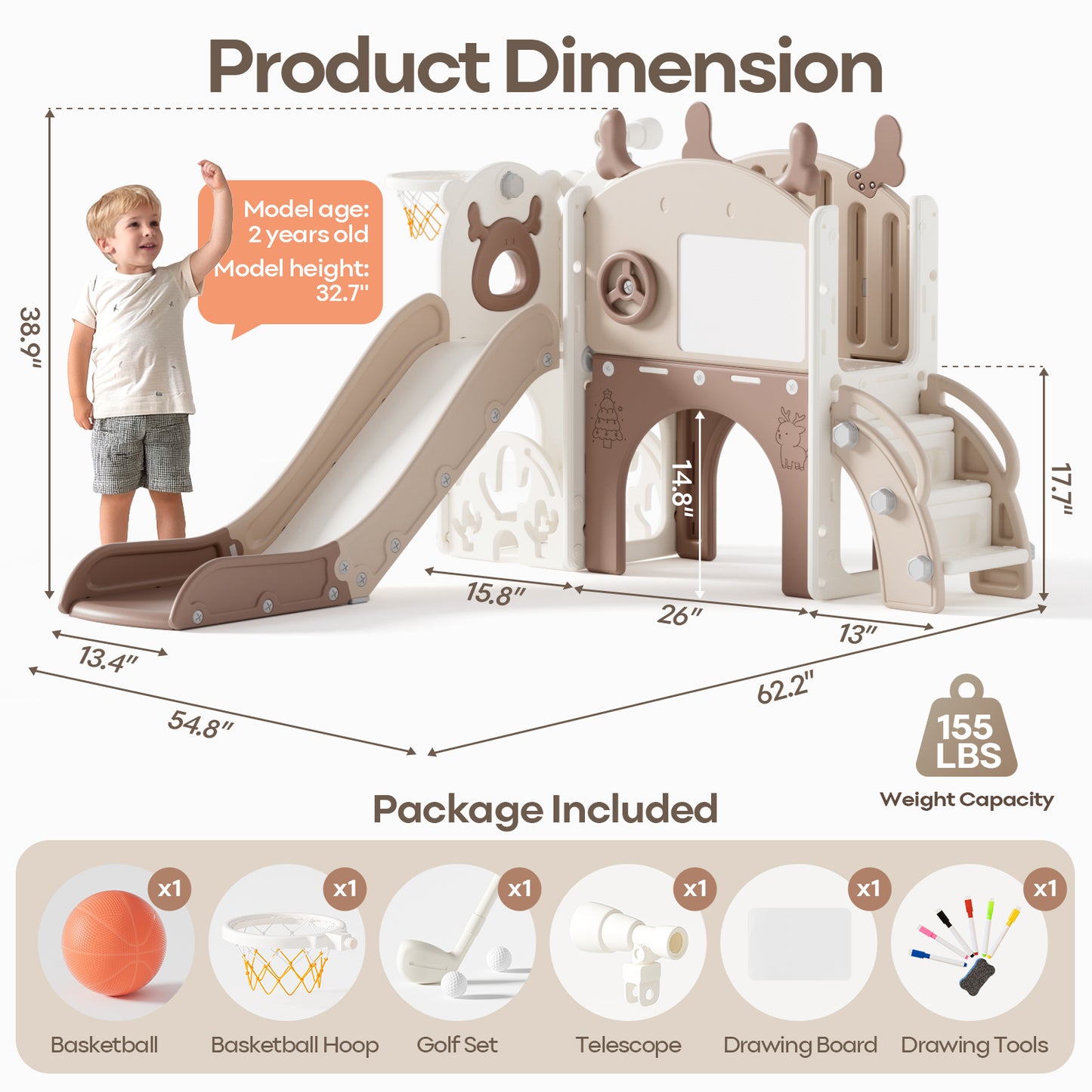 Mloong 11 in 1 Toddler Slide, Kids Slide for Toddlers 1-3 Years Old, Baby Slide Indoor and Outdoor with Basketball Hoop Golf Drawing Set, Slides for Kids Easy Assembly Elk Theme(54.3×62.2×38.9")