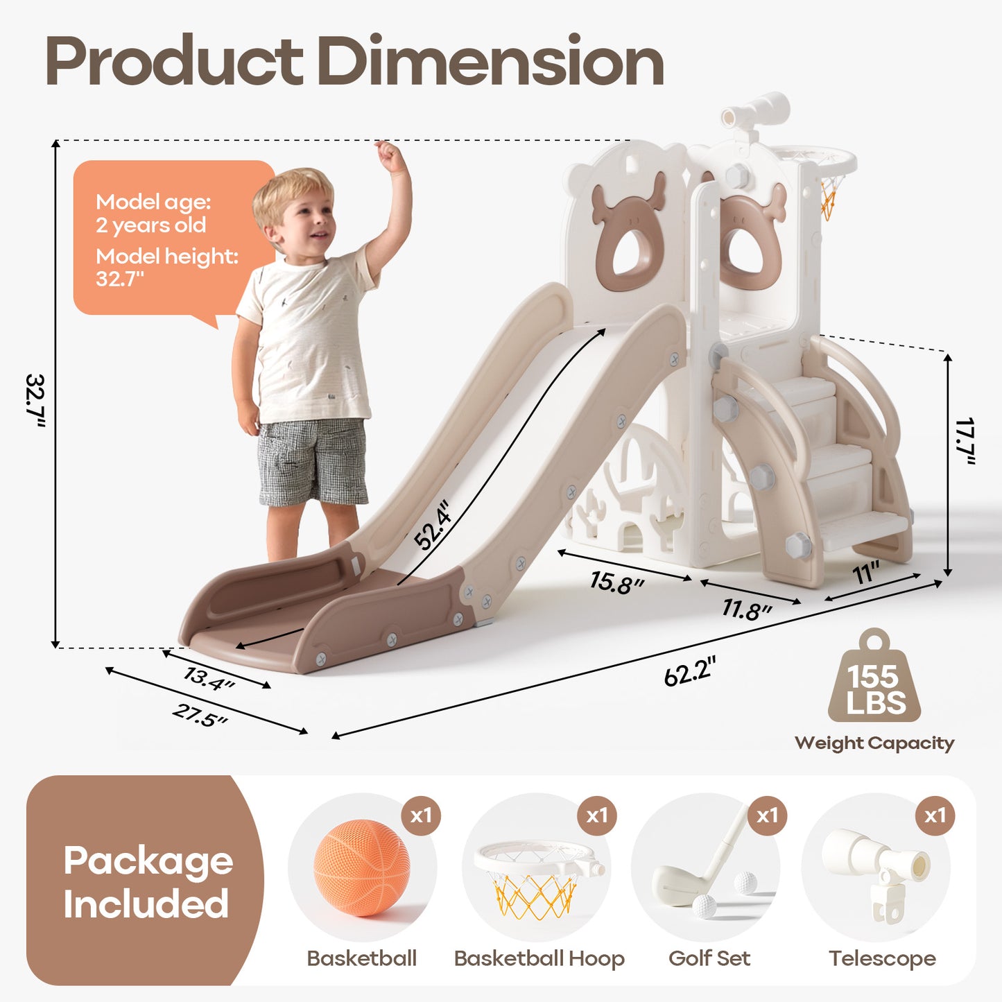 7 in 1 Toddler Slide, Kids Slide for Toddlers 1-3 Years Old, Baby Slide Indoor and Outdoor with Basketball Hoop Upgraded Golf, Plastic Slides for Kids Easy Assembly Elk Theme(27.5×62.2×38.9")