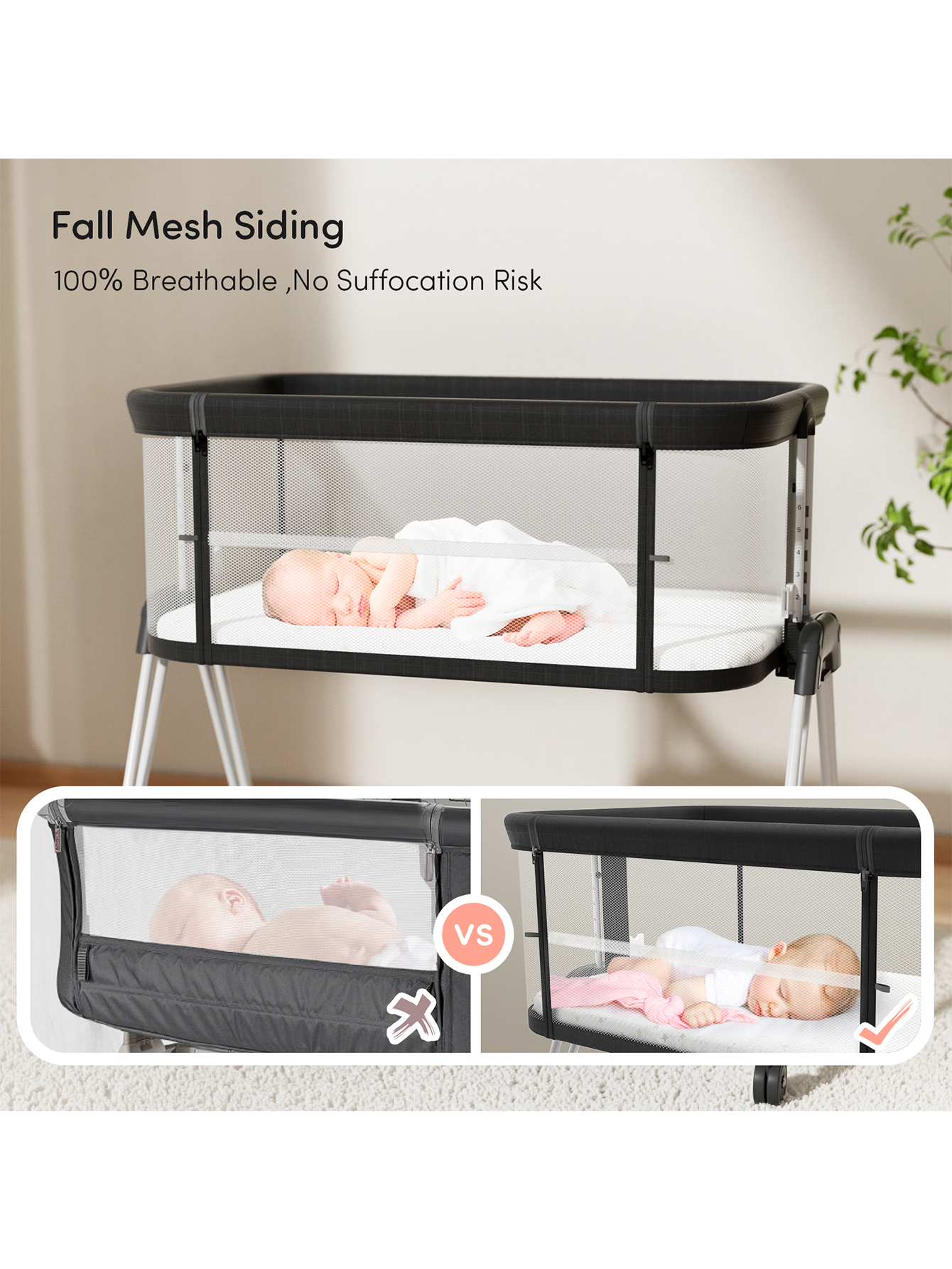 Black Baby Bassinet Bedside Sleeper Bedside Crib with Wheels