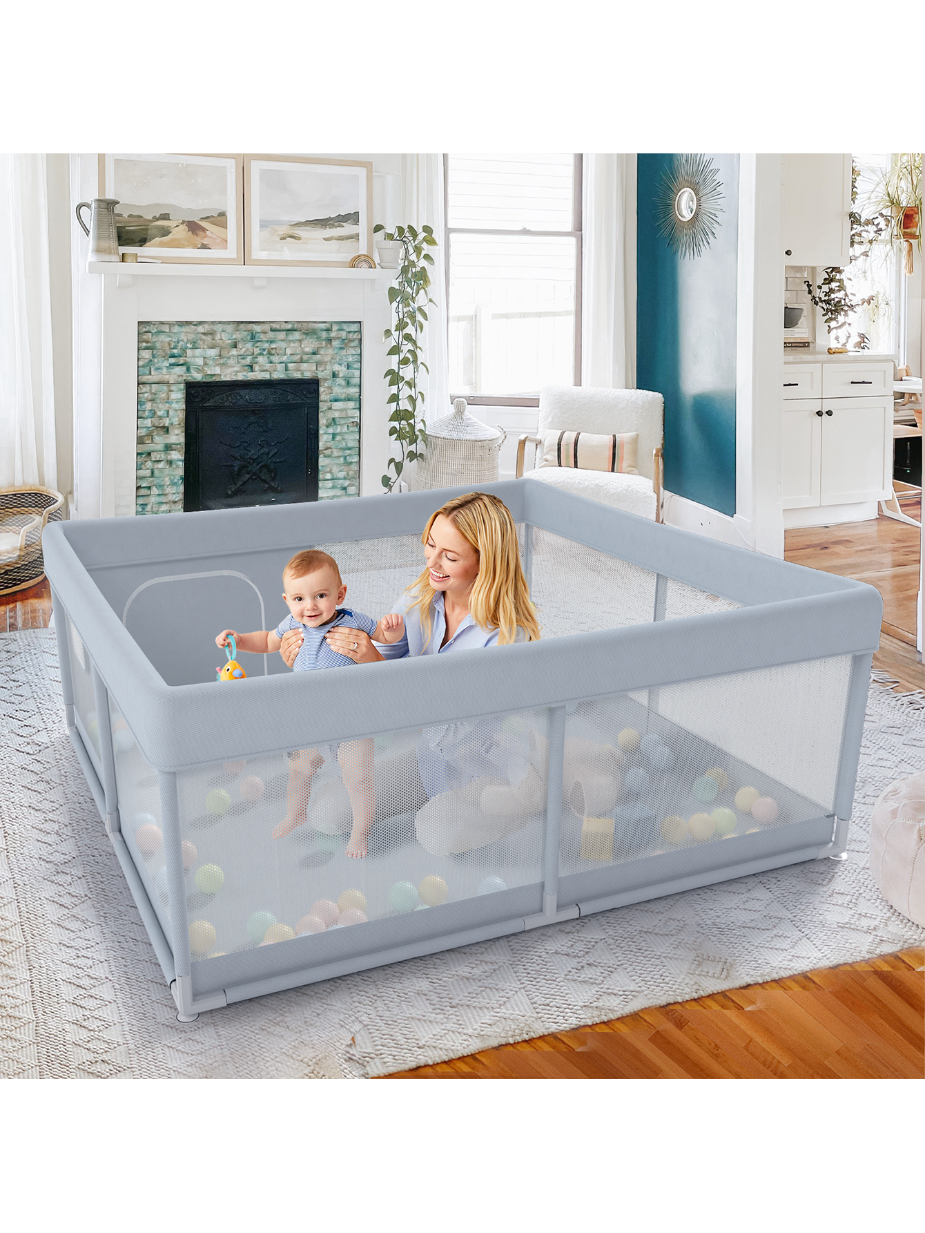 47x47inch Small Baby Play Pen, Grey Baby Playpen, Playpen for Babies and Toddlers