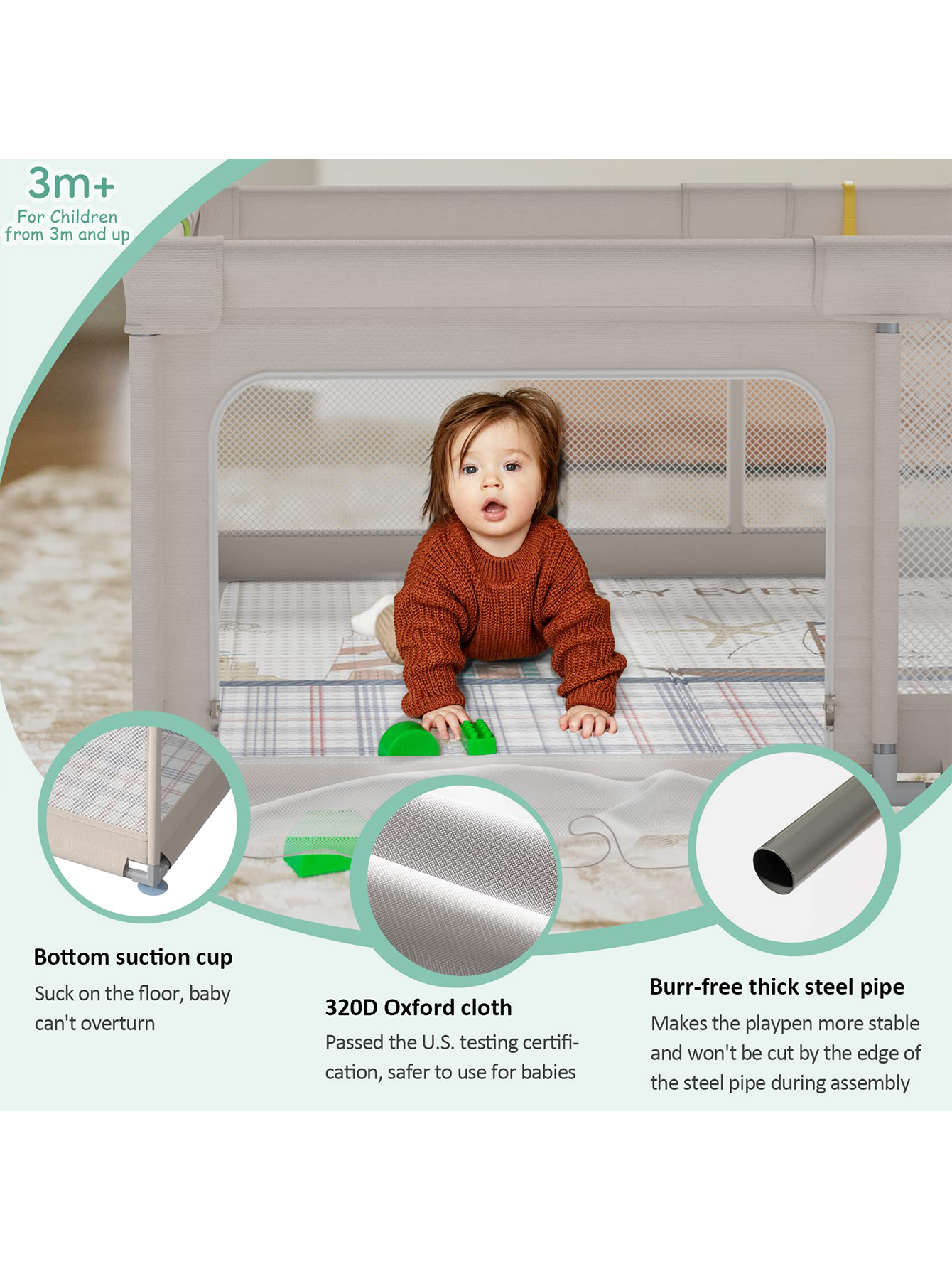 Playpen with Mat, 59x59x27inch Grey Baby Playpen for Babies and Toddlers, Extra Large Baby Playpen with Mat
