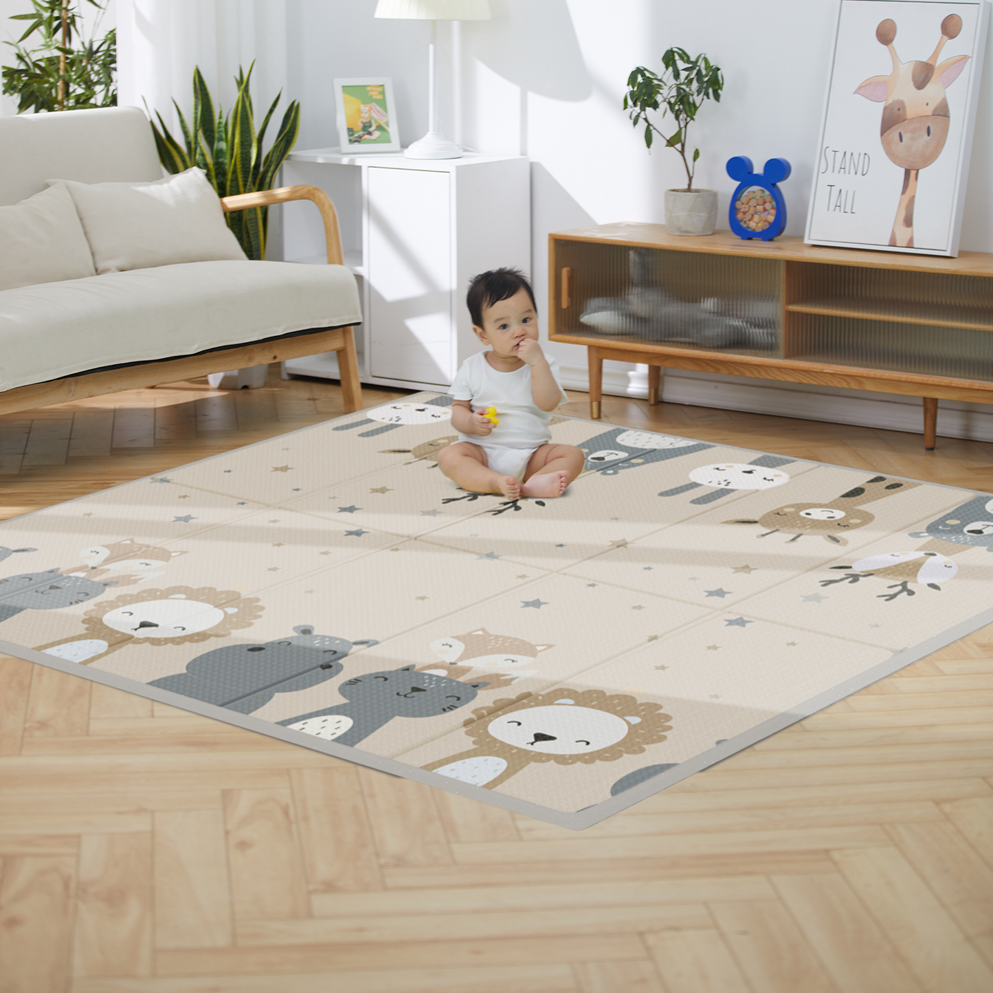 59"x59" x0.4"Thick Waterproof Play Mat, Foldable & Reversable Large Play Mat, Baby Activity Tummy Time Mat