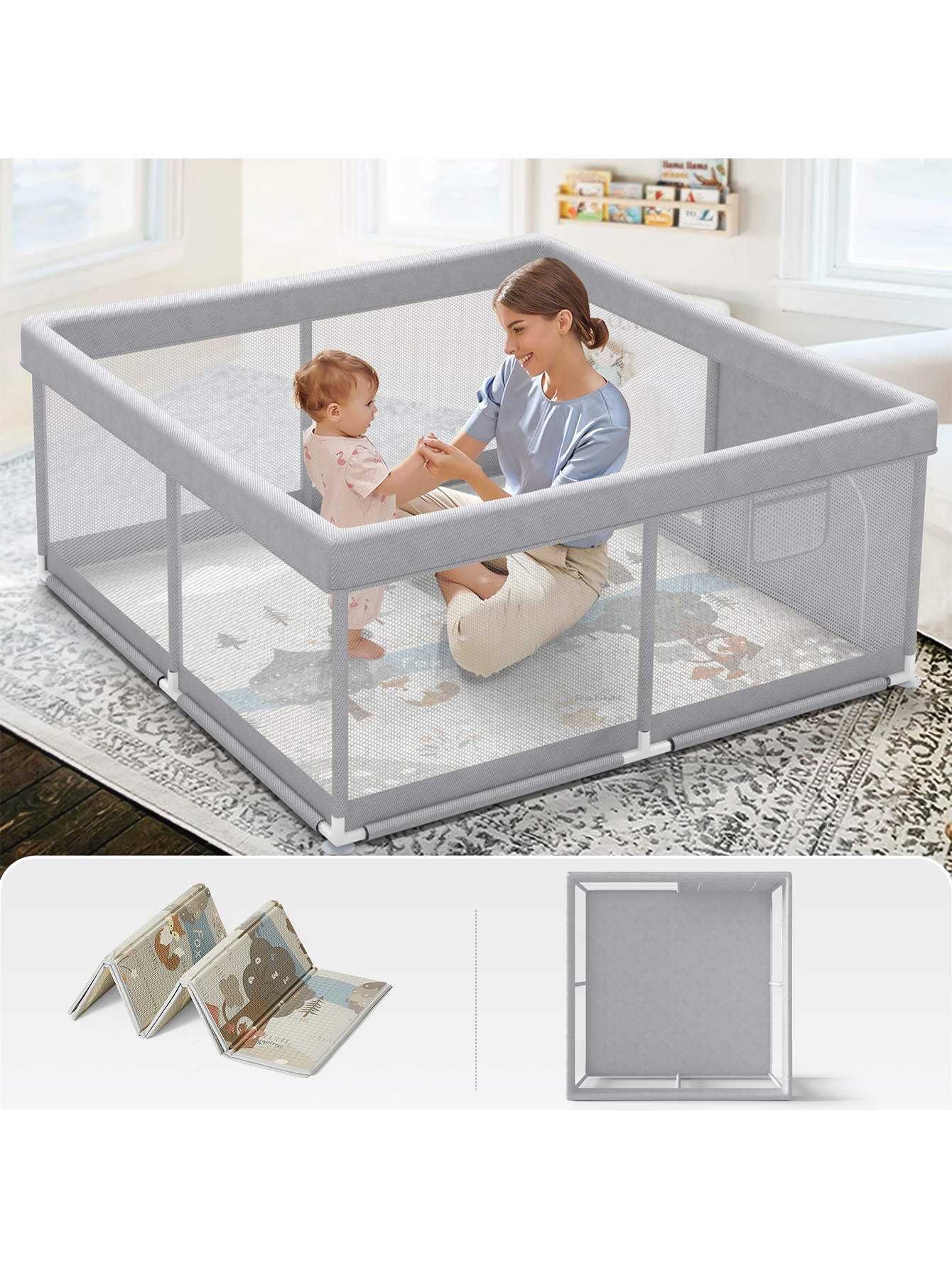 47x47inch Play Pen with Mat for Babies and Toddlers, Playpen with Mat, Baby Playpen with Mat, mall Baby Playpen with Mat