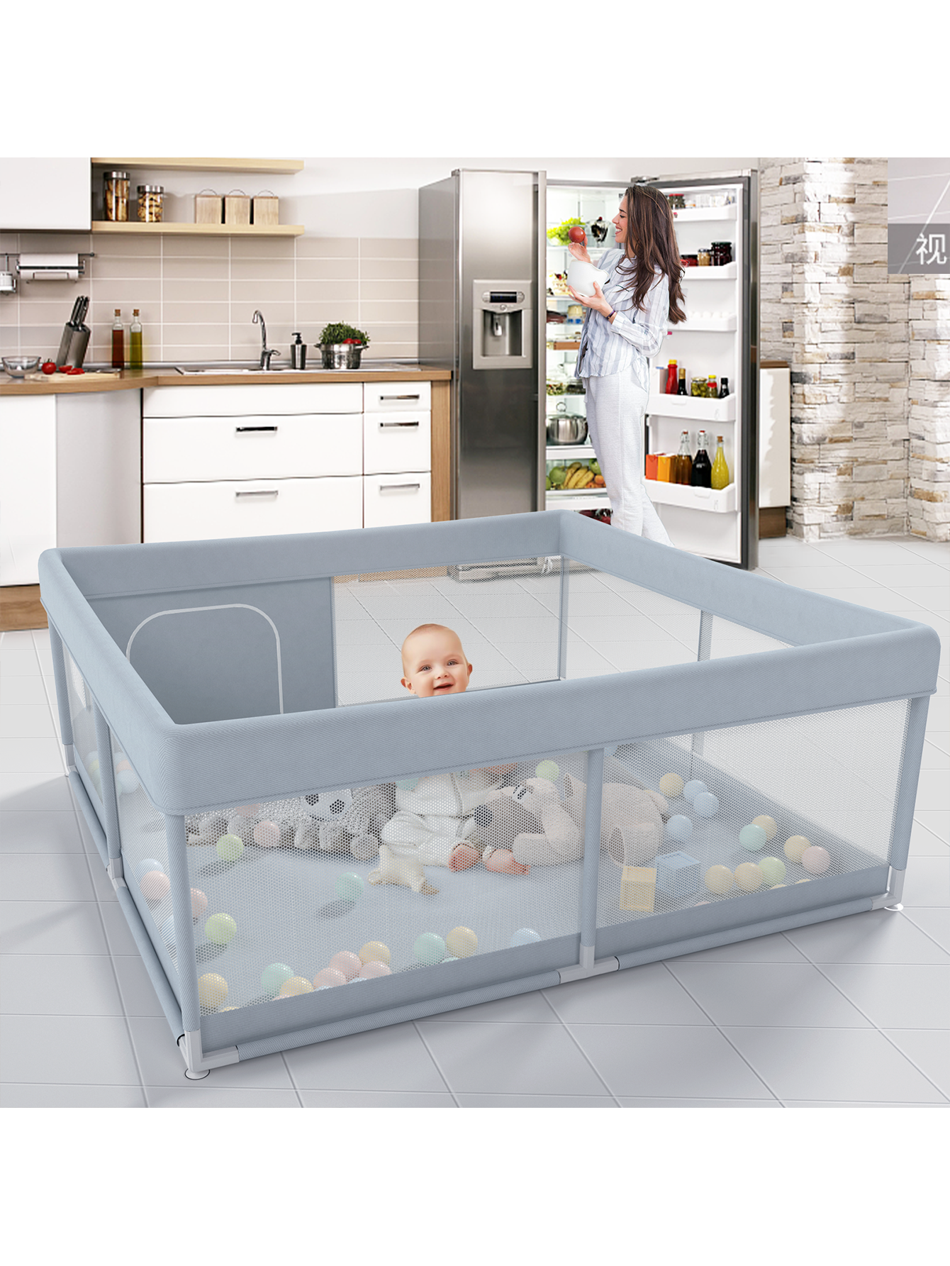 47x47inch Small Baby Play Pen, Grey Baby Playpen, Playpen for Babies and Toddlers