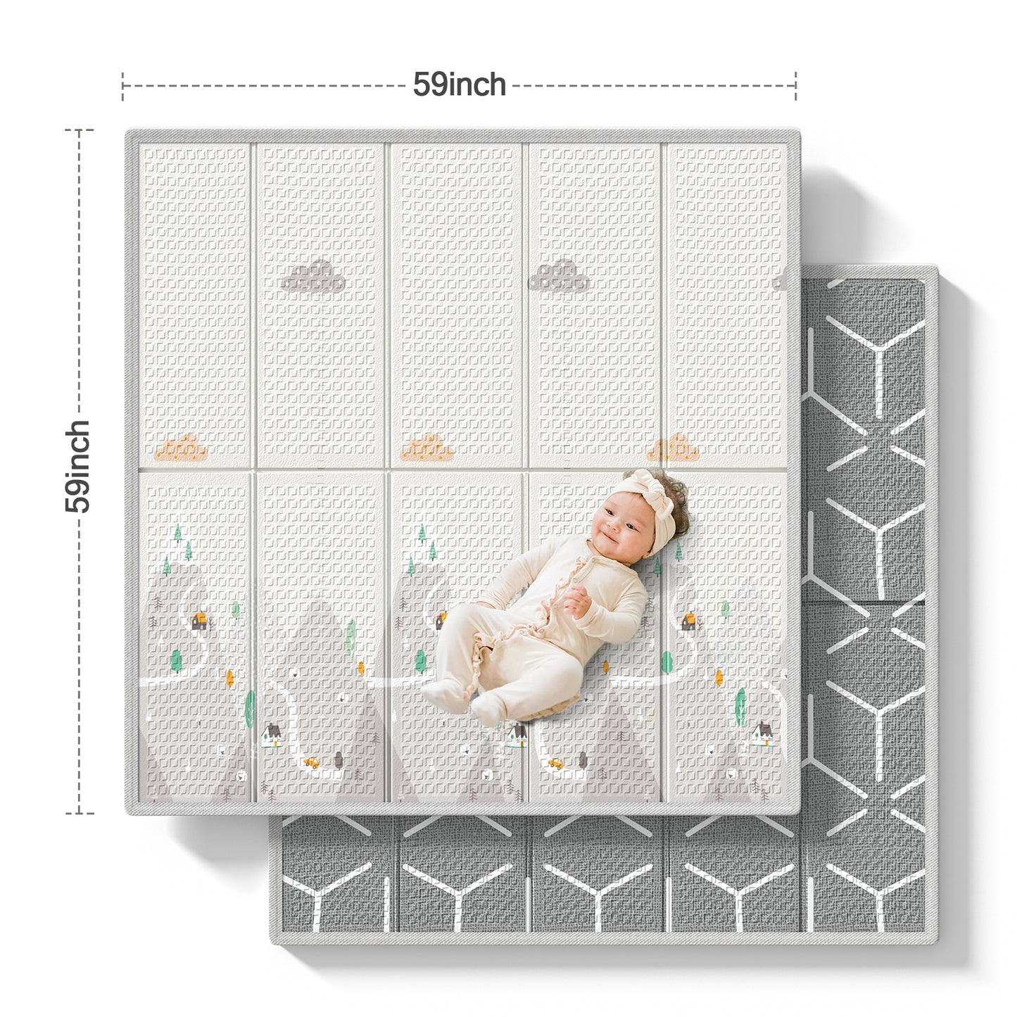 Baby Play Mat, 59"x59" Foldable & Reversable Large Baby Mat, 0.4" Thick Waterproof Foam Play Mat, Baby Activity Tummy Time Mat