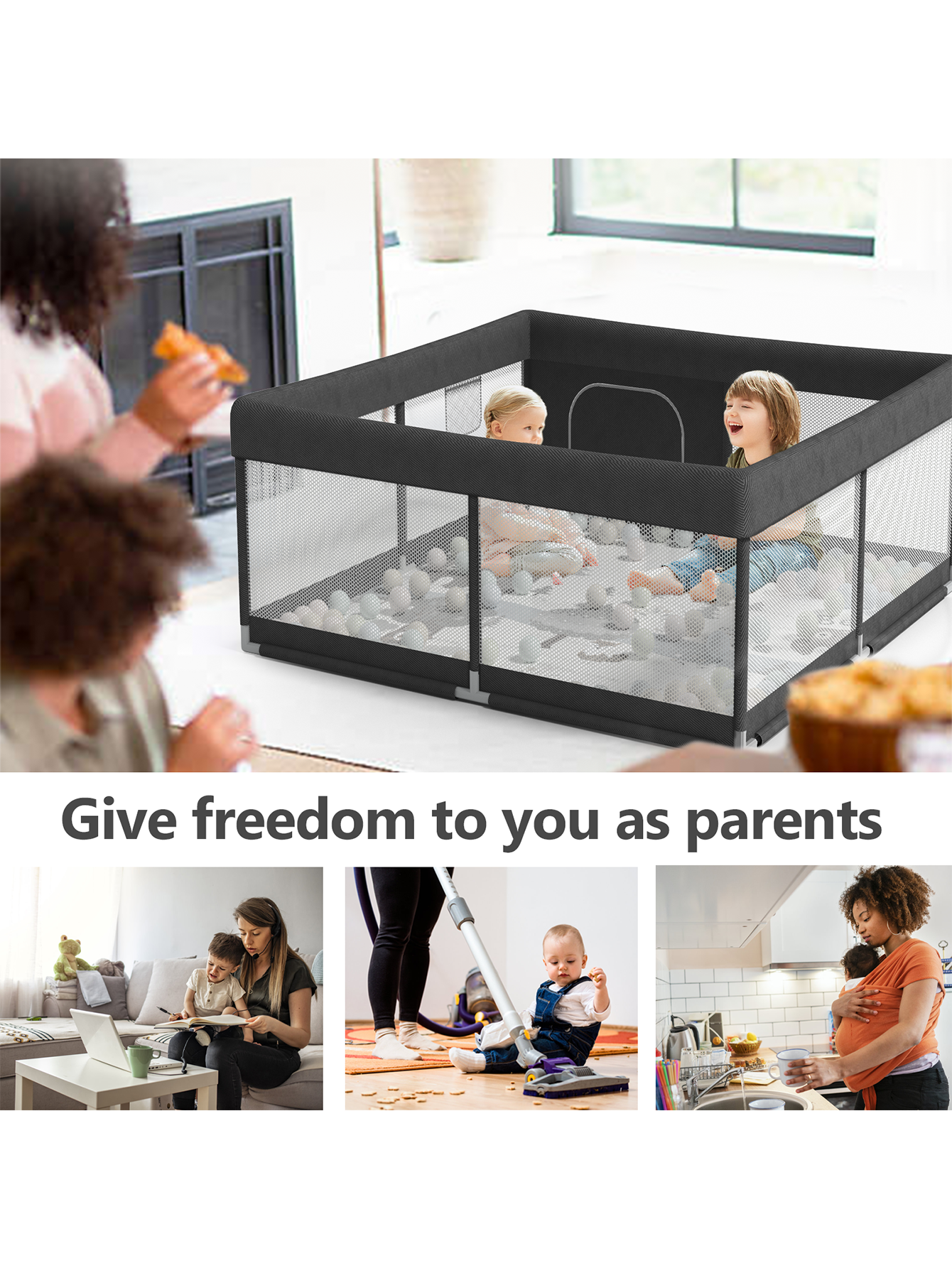 Pkinoicy 47x47inch Baby Playpen with Mat, Small Baby Play Pen) Baby Pen for Apartment, Black Play Yard for Baby, Baby Fence Play Area Playyard