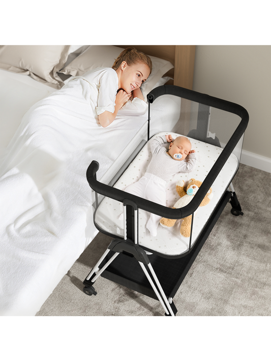 Pkinoicy Black Baby Bassinet Bedside Sleeper Bedside Crib with Wheels