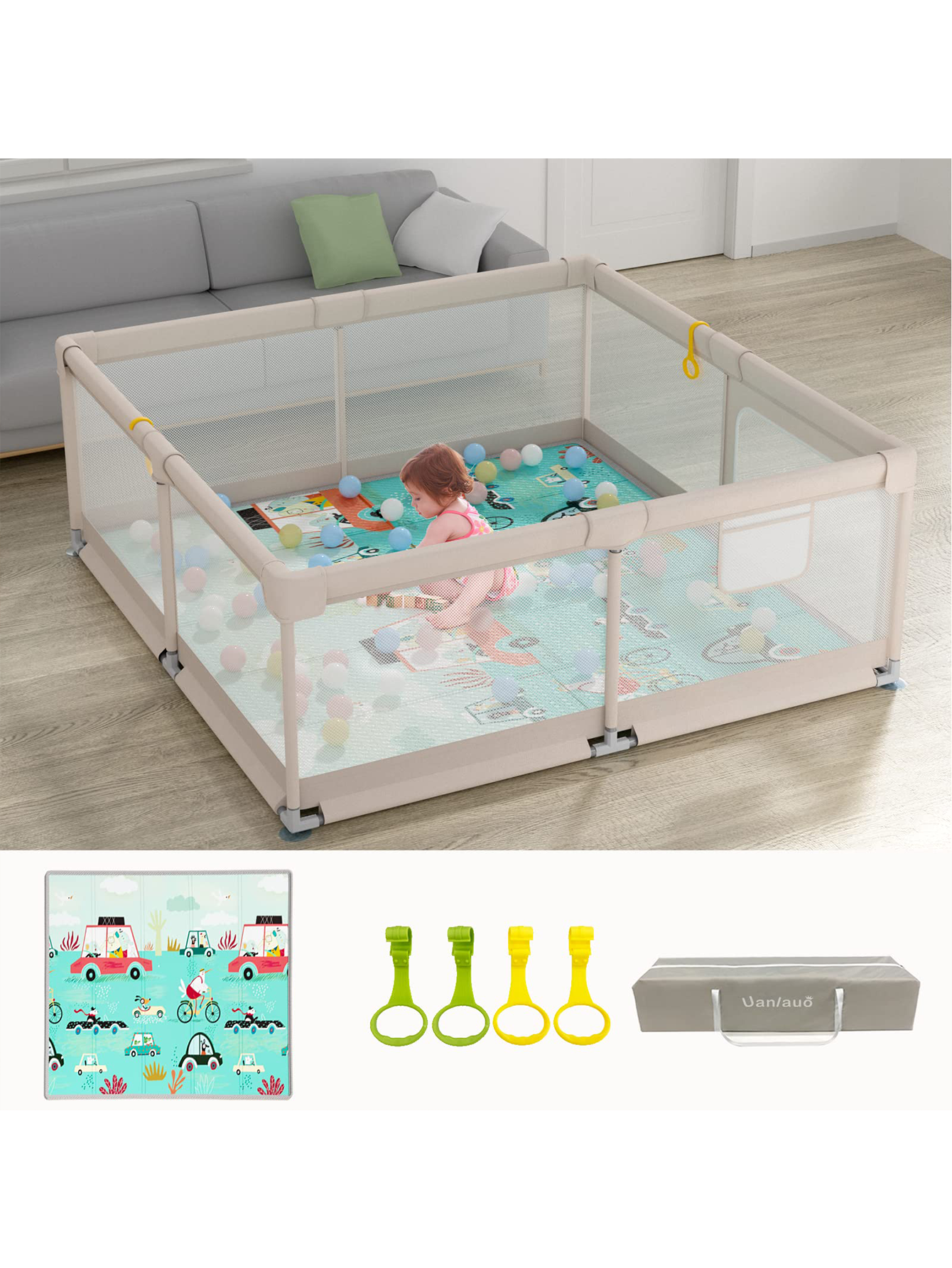 Pkinoicy Playpen with Mat, 59x59x27inch Grey Baby Playpen for Babies and Toddlers, Extra Large Baby Playpen with Mat