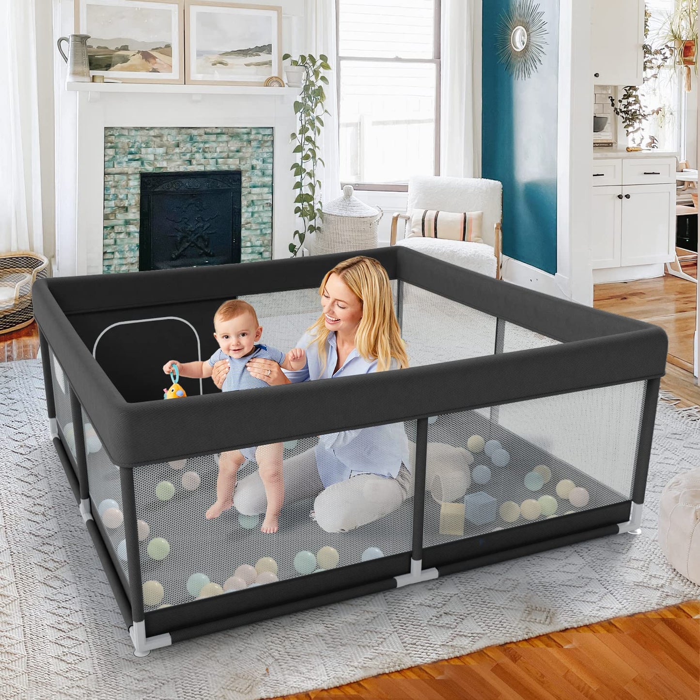 Pkinoicy Baby Playpen,47"x47"Black Playpen, Small playpen for Babies, Small Play Pen for Apartment