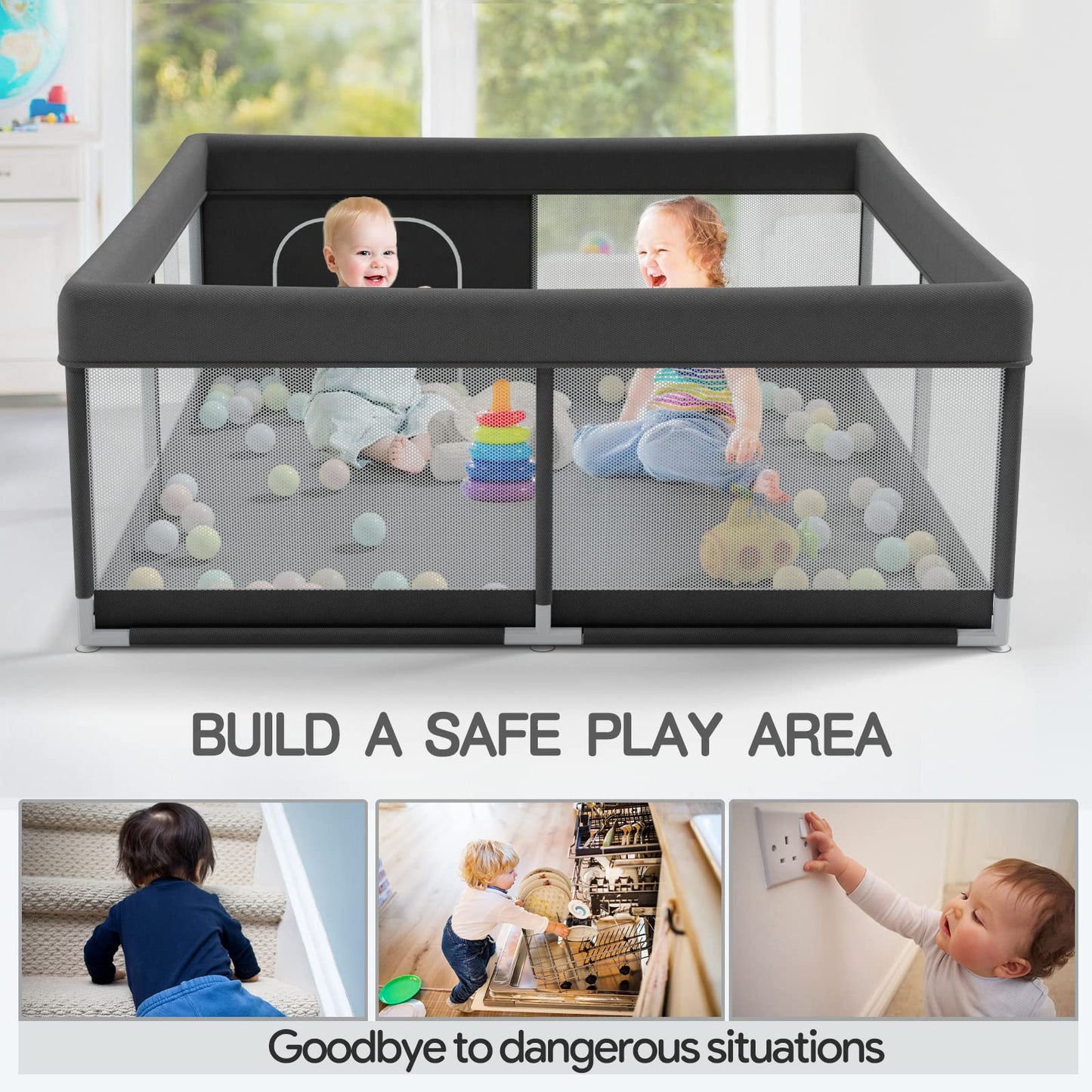 Pkinoicy Baby Playpen,47"x47"Black Playpen, Small playpen for Babies, Small Play Pen for Apartment