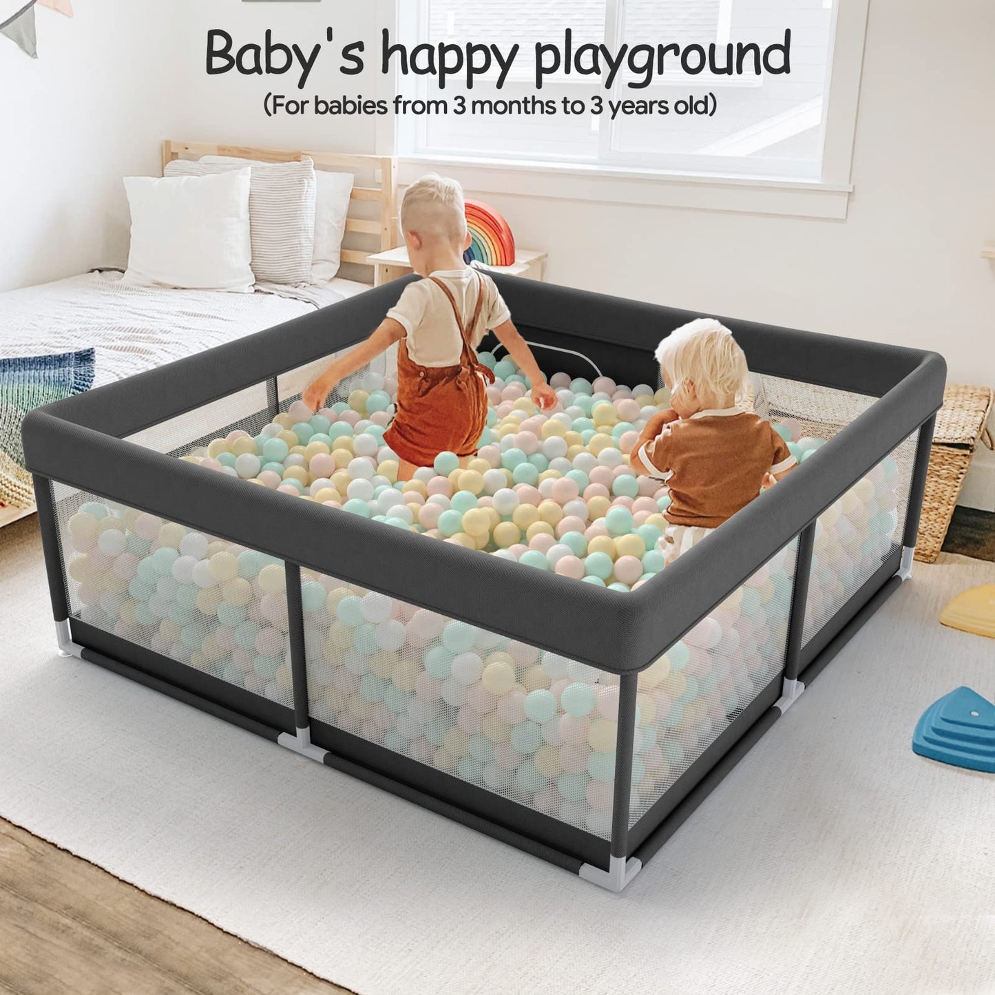 Pkinoicy Baby Playpen,47"x47"Black Playpen, Small playpen for Babies, Small Play Pen for Apartment