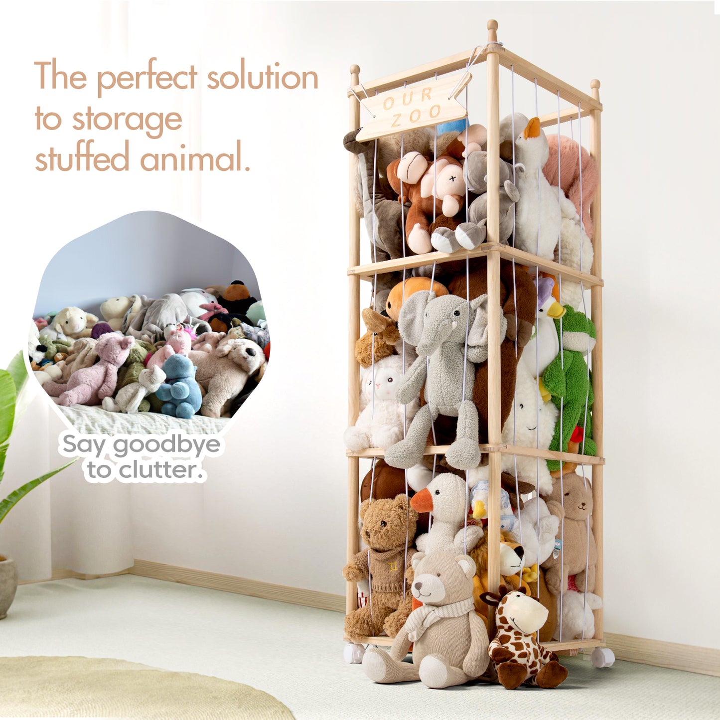 Stuffed Animal Zoo Stuffed Animal Storage Wood Soft Toy Organizer Nursery Room large Plush Toy Cage for Stuffed Animal Holder with Zoo Pattern Gift for Nursery Playroom KidRoom