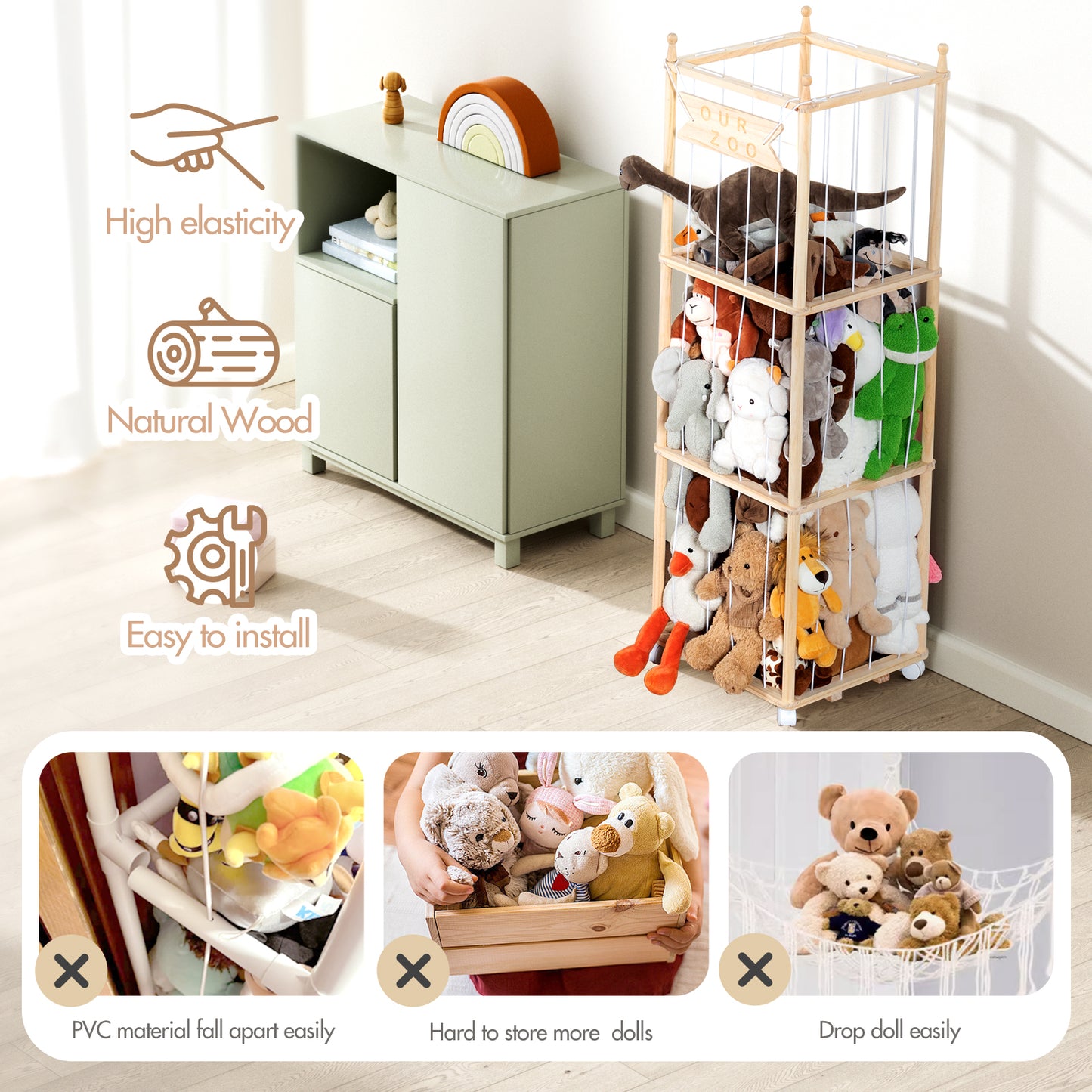 Stuffed Animal Zoo Stuffed Animal Storage Wood Soft Toy Organizer Nursery Room large Plush Toy Cage for Stuffed Animal Holder with Zoo Pattern Gift for Nursery Playroom KidRoom