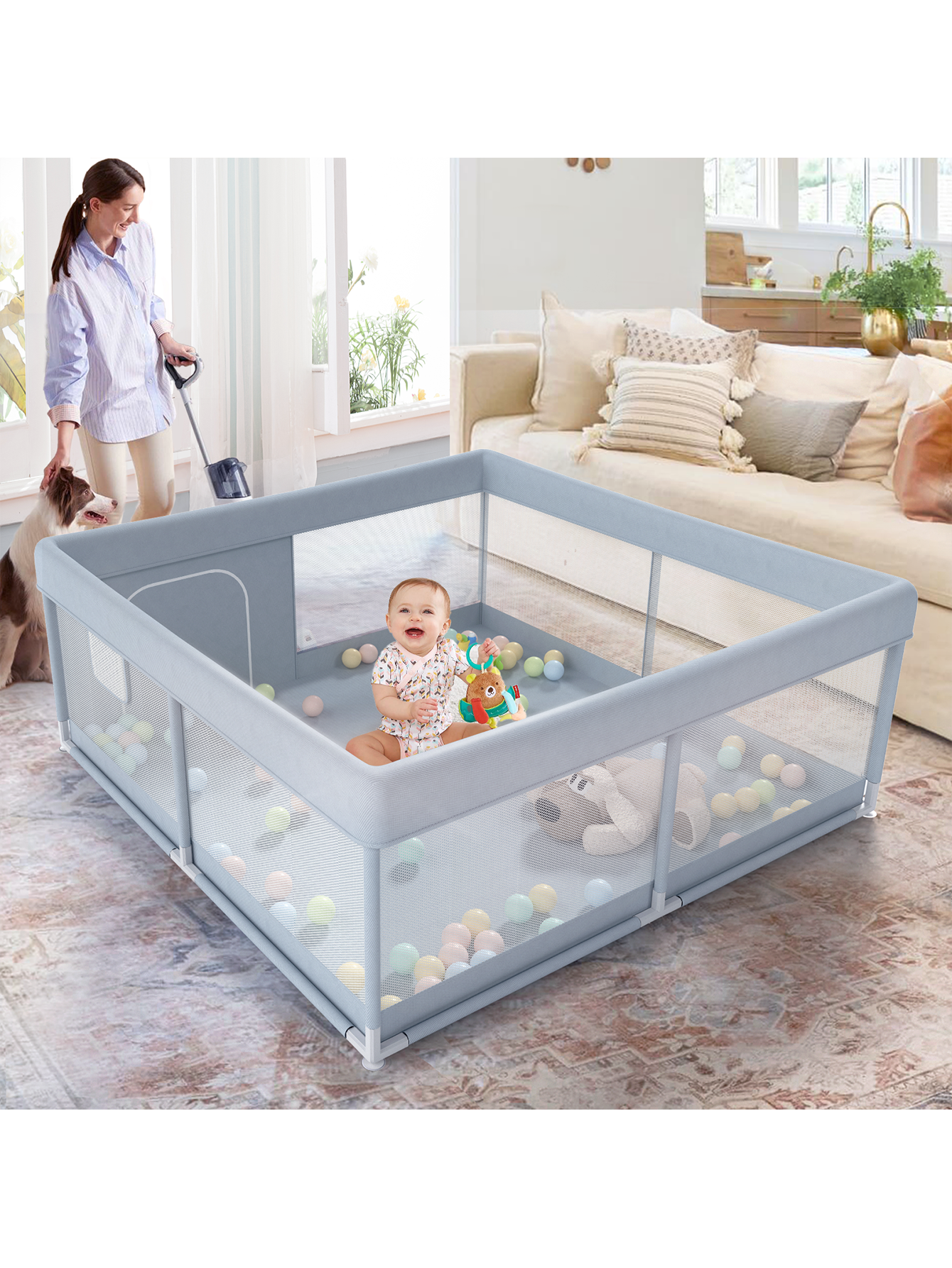 Pkinoicy 47x47inch Small Baby Play Pen, Grey Baby Playpen, Playpen for Babies and Toddlers