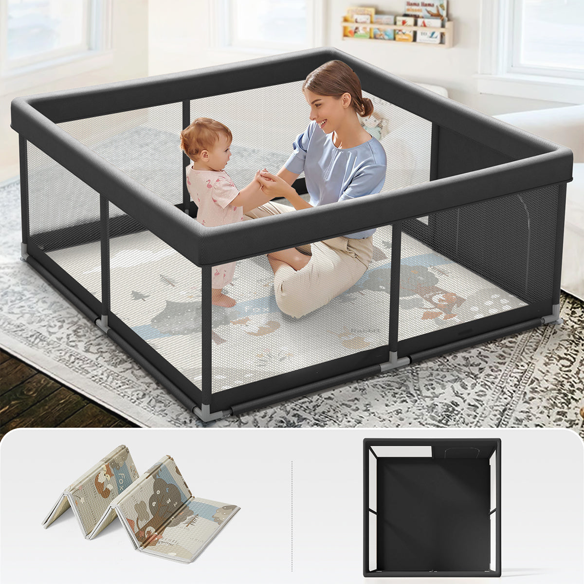 Pkinoicy 47x47inch Baby Playpen with Mat, Small Baby Play Pen) Baby Pen for Apartment, Black Play Yard for Baby, Baby Fence Play Area Playyard