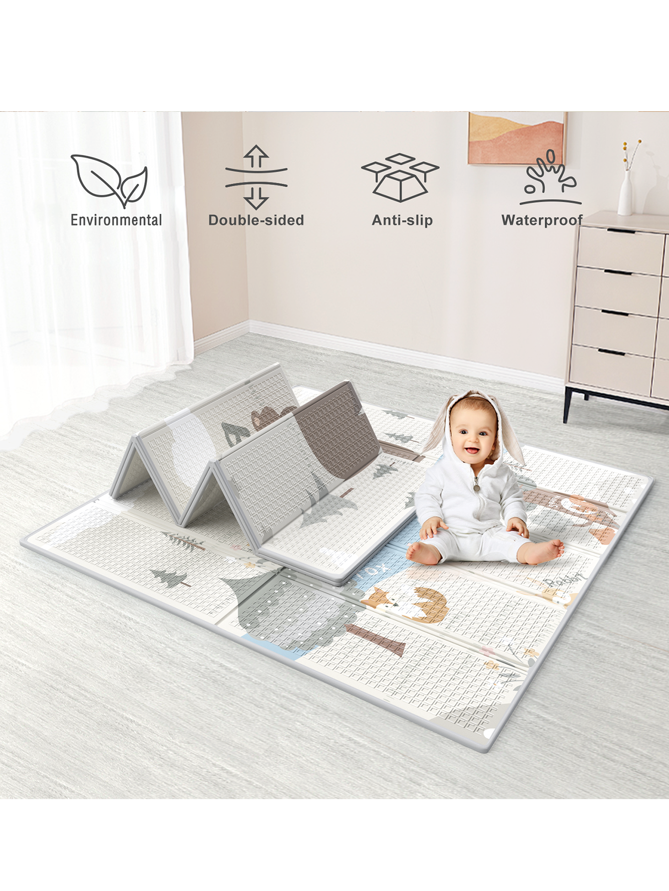 PKINOICY Baby Play Mat, 47x47inch Play Mat, 0.4 in Thick Waterproof Playmat for Babies, Foldable Play Mat for Small Baby Playpen, Small Spaces