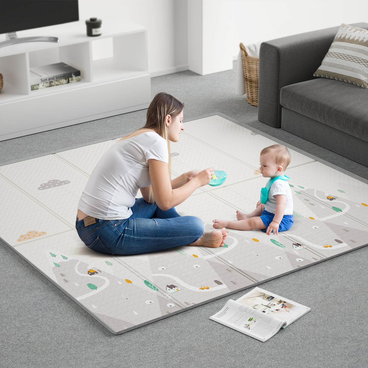 Baby Play Mat, 59"x59" Foldable & Reversable Large Baby Mat, 0.4" Thick Waterproof Foam Play Mat, Baby Activity Tummy Time Mat