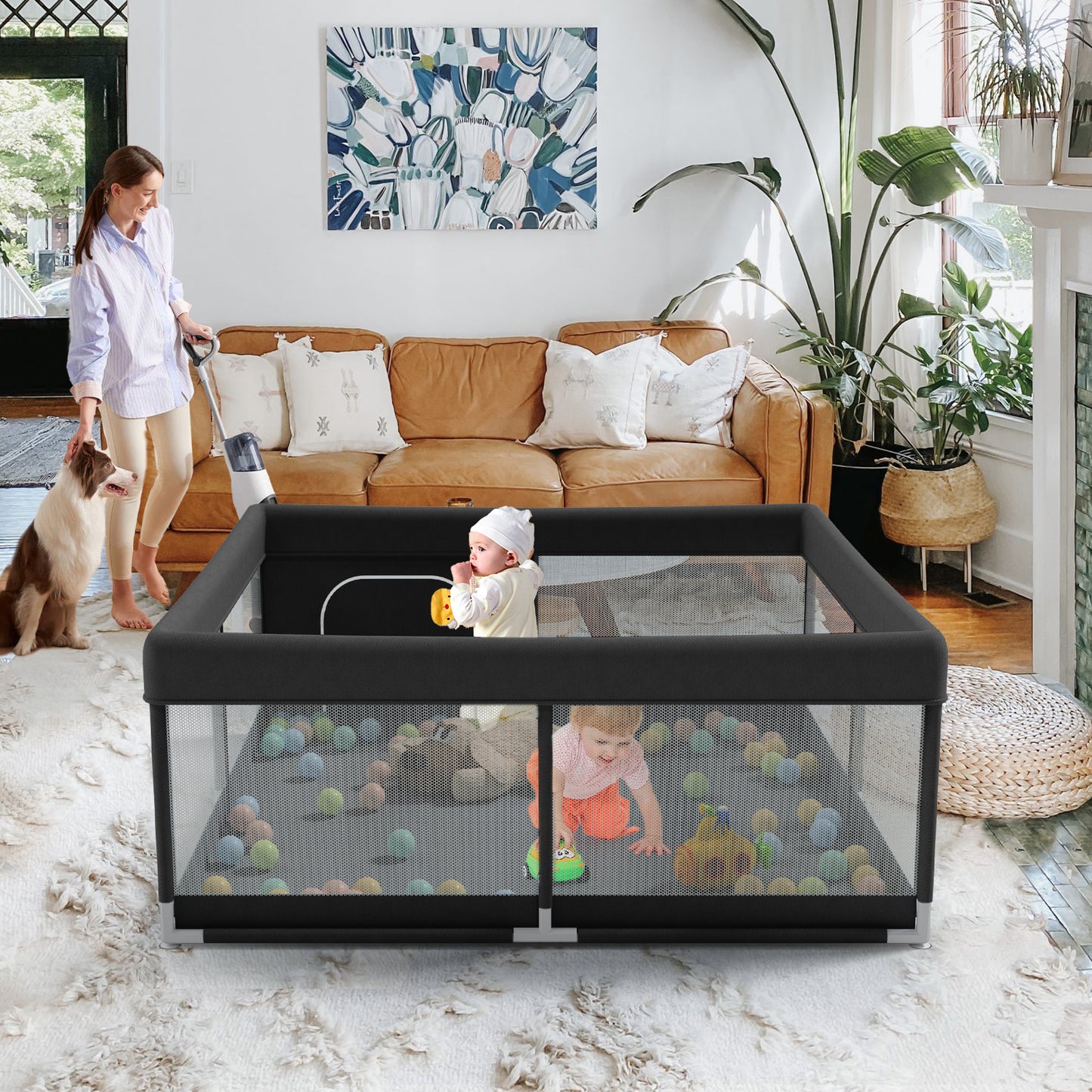 Pkinoicy Baby Playpen,47"x47"Black Playpen, Small playpen for Babies, Small Play Pen for Apartment